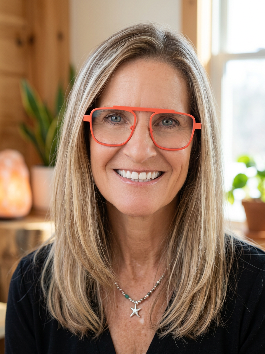 A smiling woman with blonde hair wearing red glasses and a black top, sitting in a cozy room with wooden walls, plants, and sunlight.