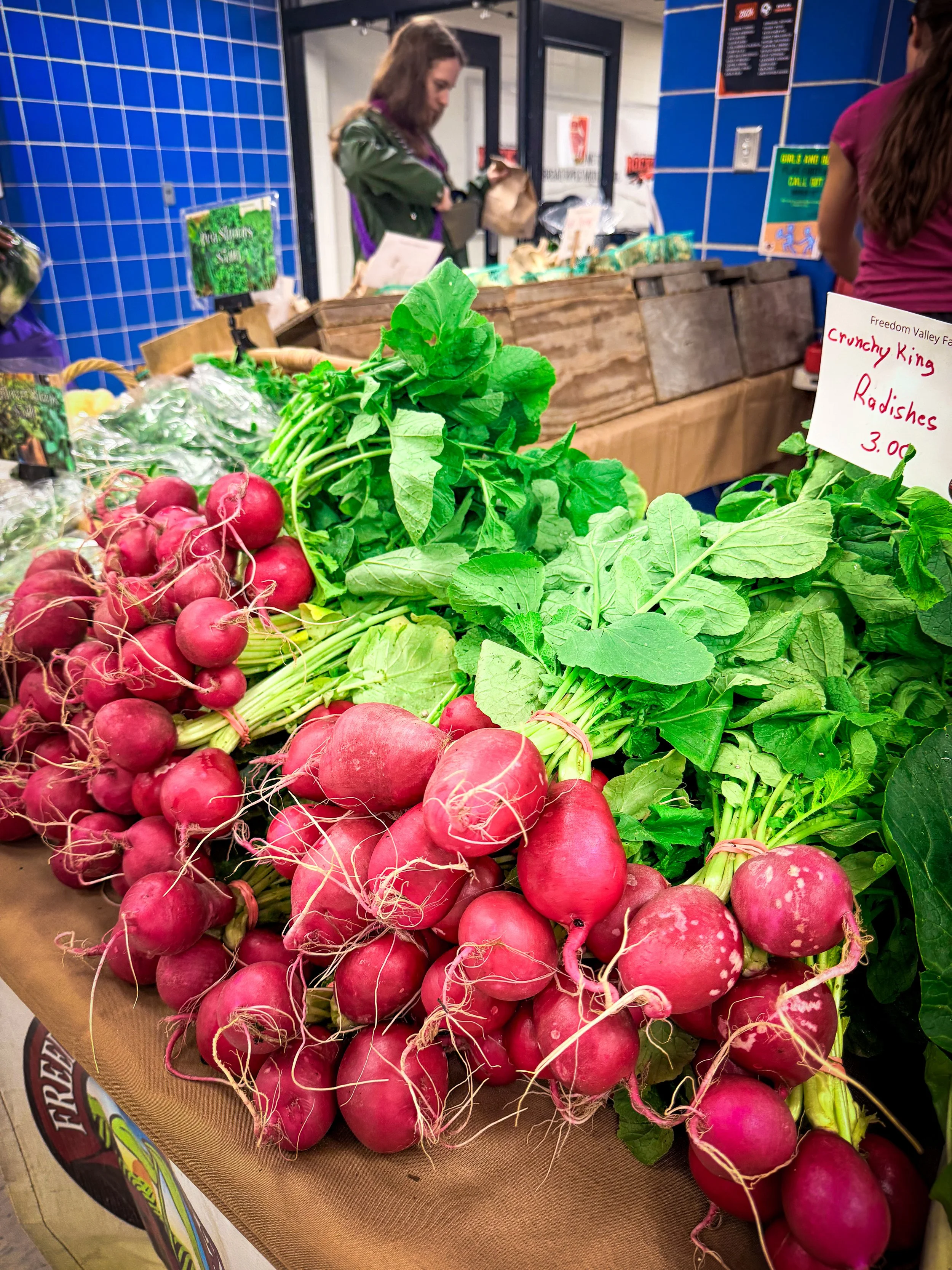 Large King bright red with green tops radishes seen at the Winter Broad Ripple Farmers Market in April 2026