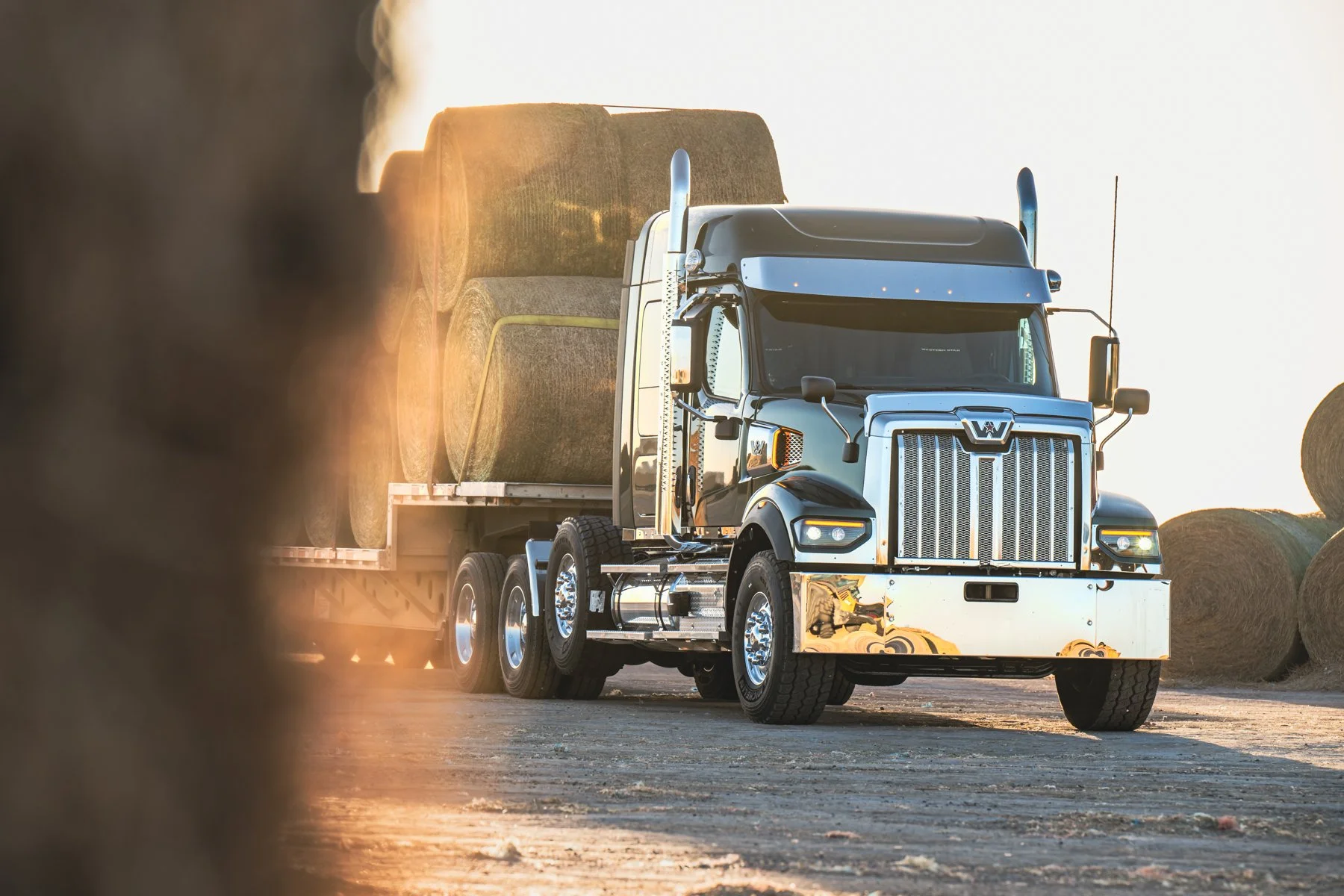 A semi-truck carrying large hay bales on a farm during sunset or sunrise.