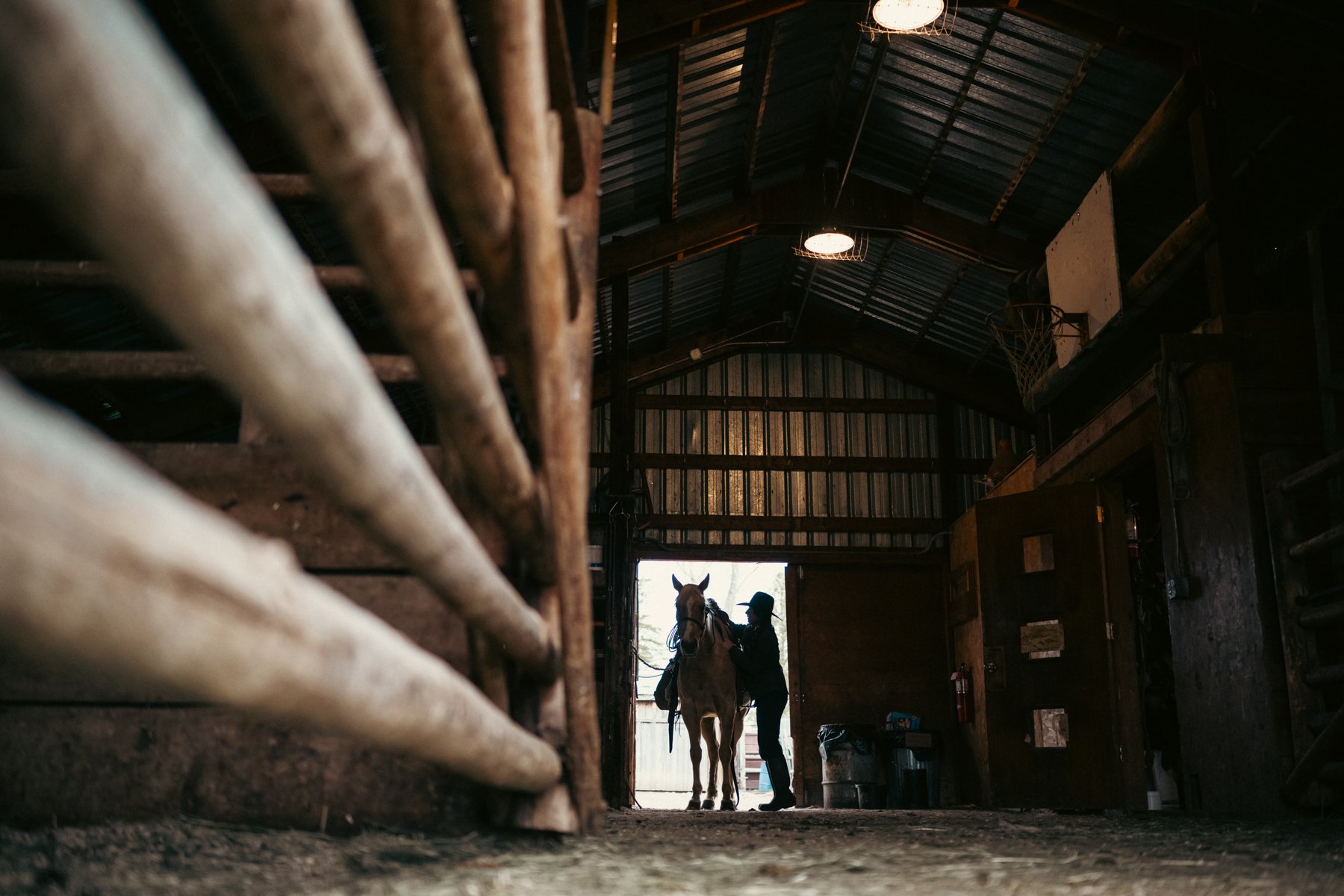 A person standing with a horse inside a dimly lit stable, viewed from the ground level near the wooden partition.