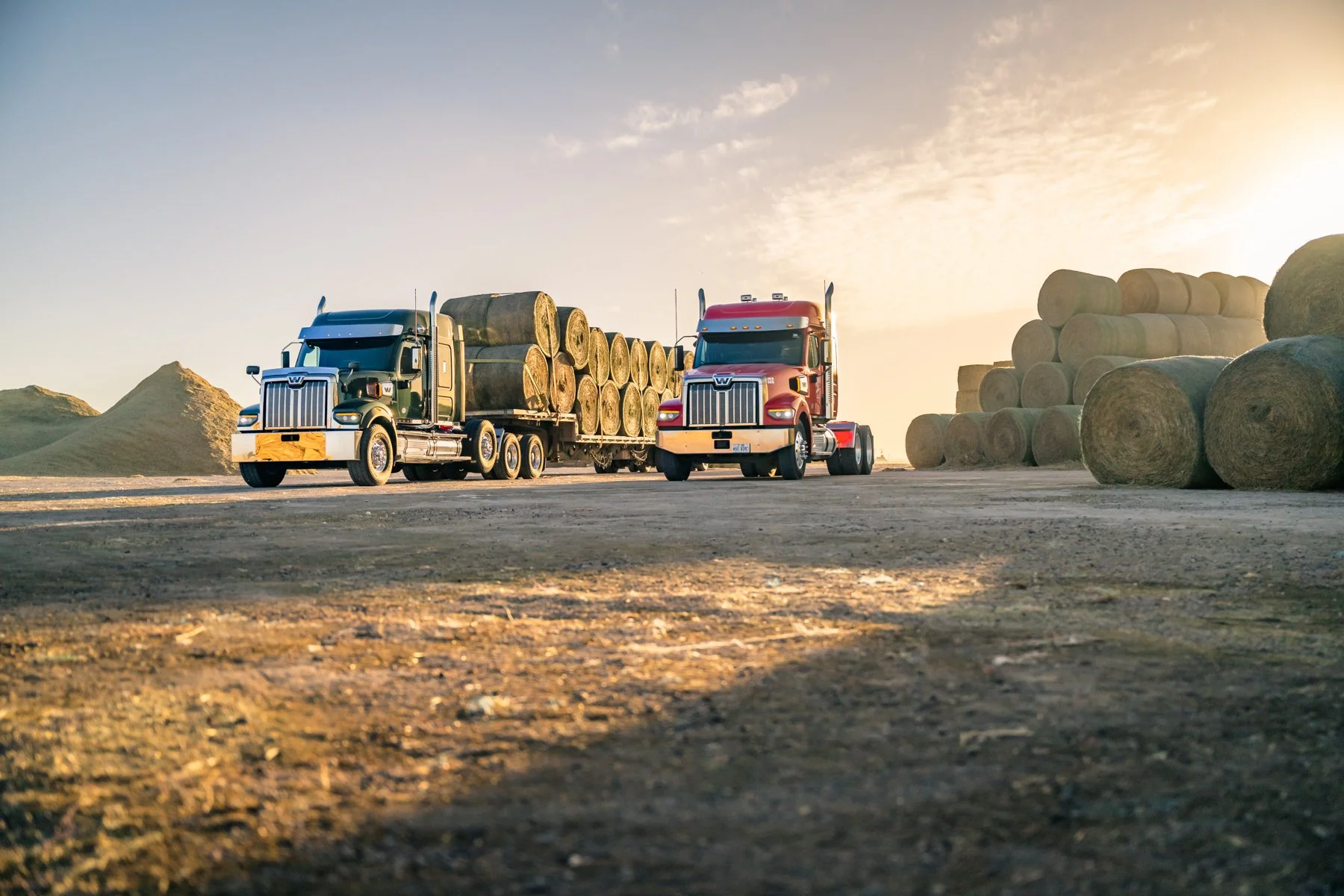 Two semi-trucks, one black and one red, parked on a farm, with large hay bales stacked nearby, under a sunset sky.