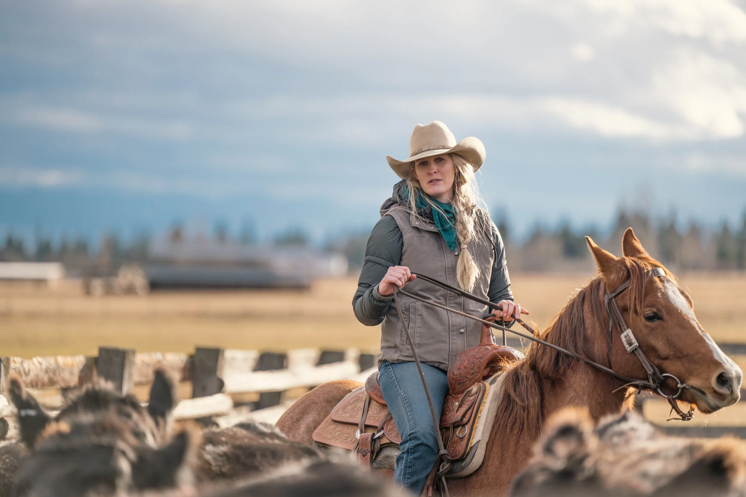 A woman in cowboy attire riding a brown horse, surrounded by cattle on a farm with a cloudy sky.