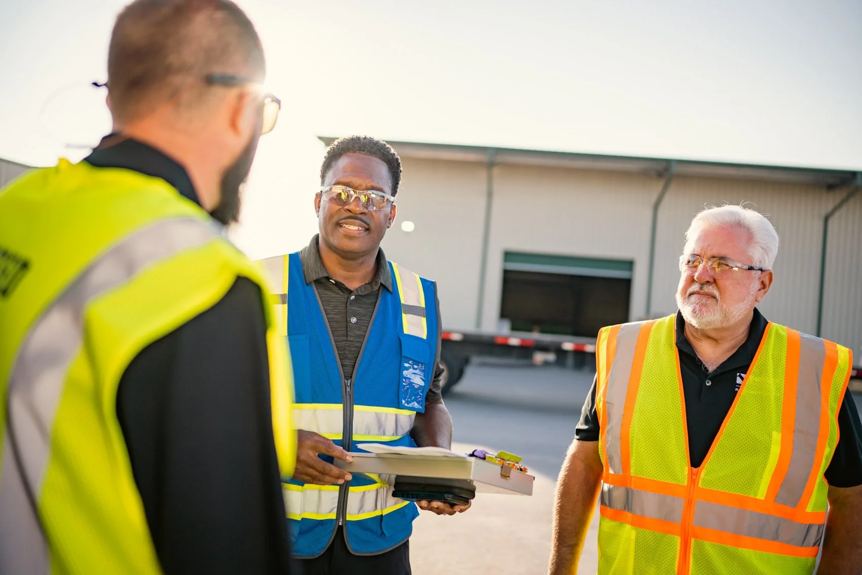 Three men wearing safety vests and safety glasses standing outdoors near an industrial building during daylight, engaged in a discussion.