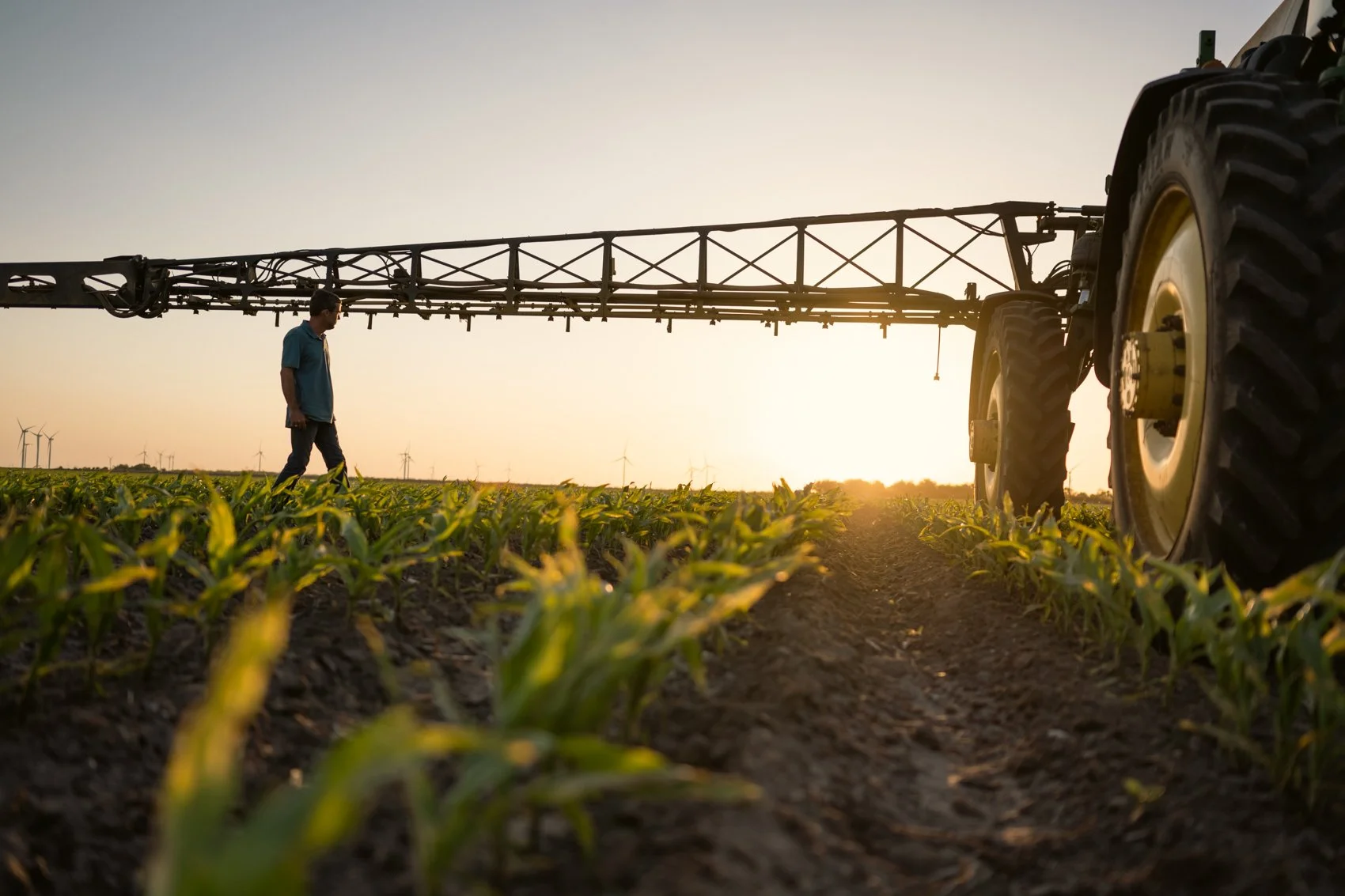 Farmer walking in a field at sunset with a large tractor and wind turbines in the background.