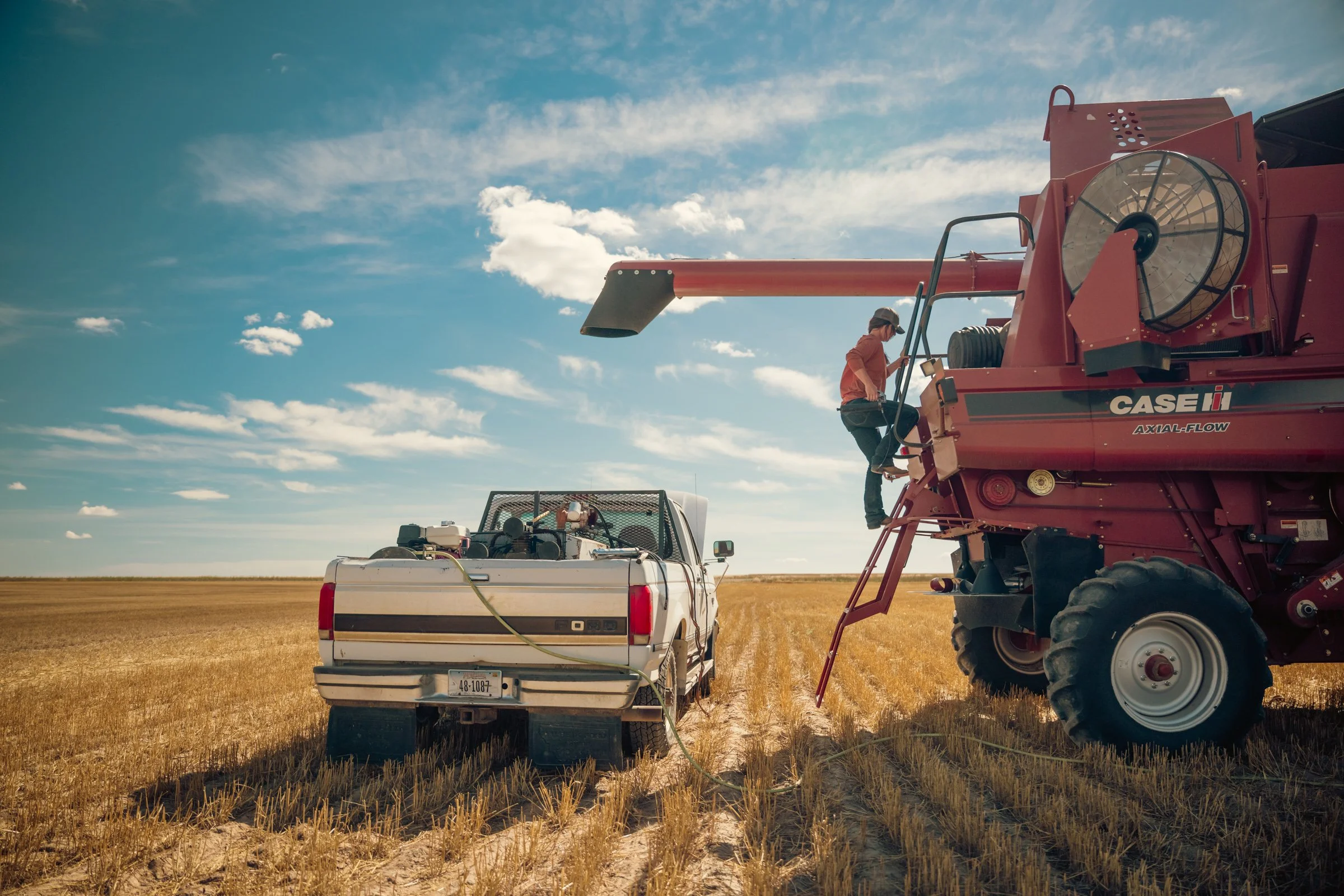 Farmer climbing on a red Case IH combine harvester in a wheat field under a blue sky with scattered clouds, with a white pickup truck nearby.