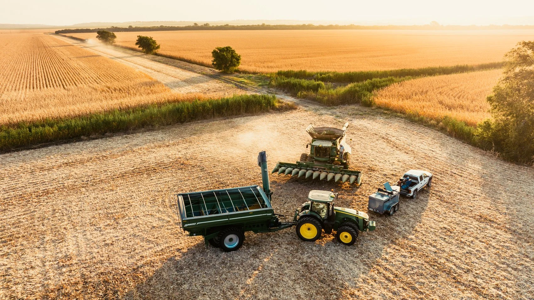 Tractor harvesting crops on a farm field at sunset with farming equipment and trucks