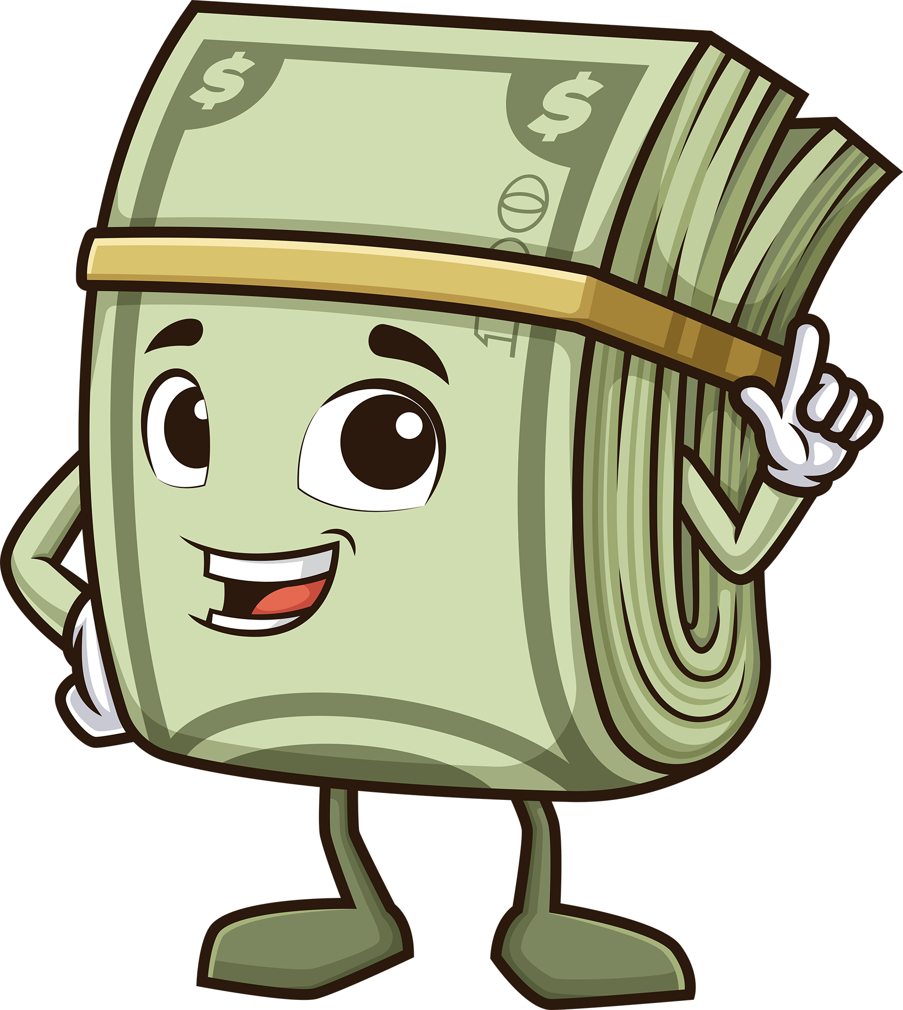 Cartoon character resembling a stack of hundred-dollar bills with a smiling face and limbs, making a peace sign.