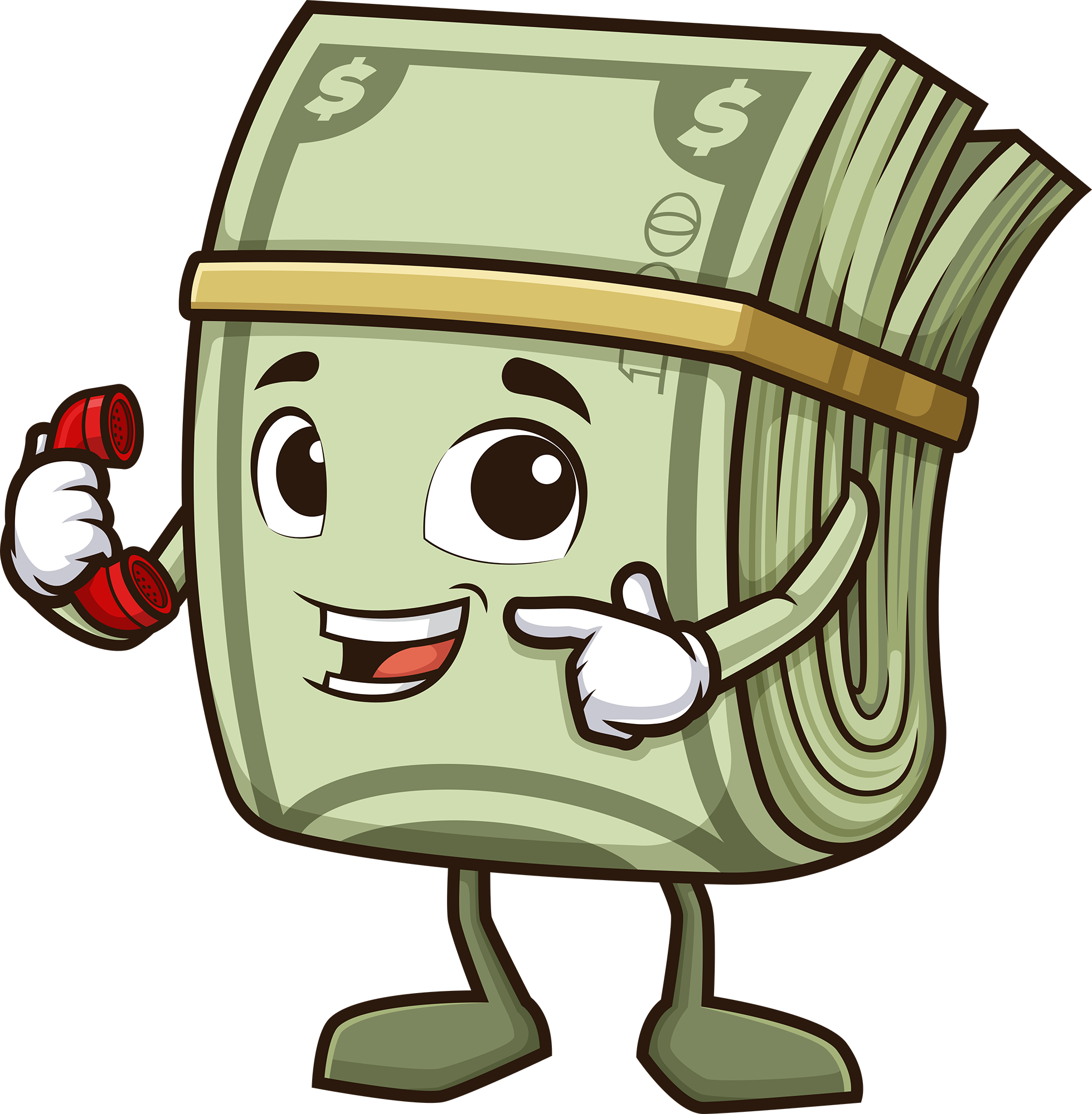 Cartoon dollar bill character with big eyes, smiling, holding a red telephone, and pointing to its cheek.
