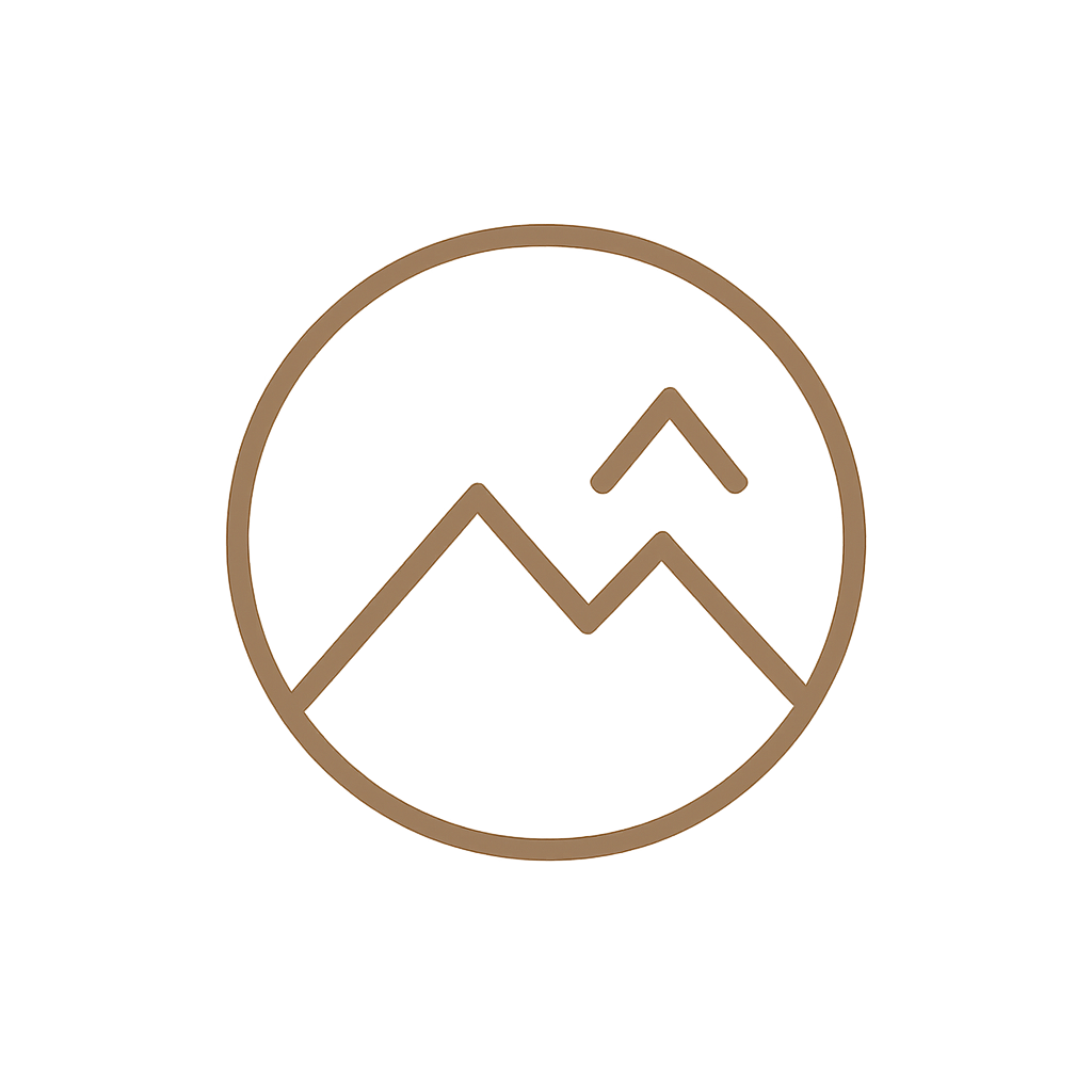 Minimalist icon of mountain peaks and a small tree inside a circle, representing nature or outdoor activities.