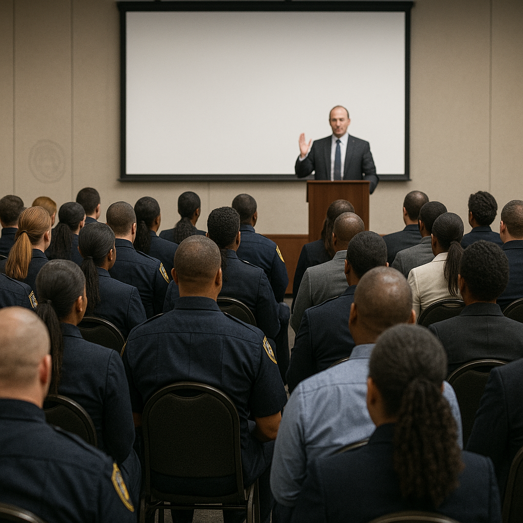 A man in a suit giving a presentation to a group of police officers or security personnel in a conference room.