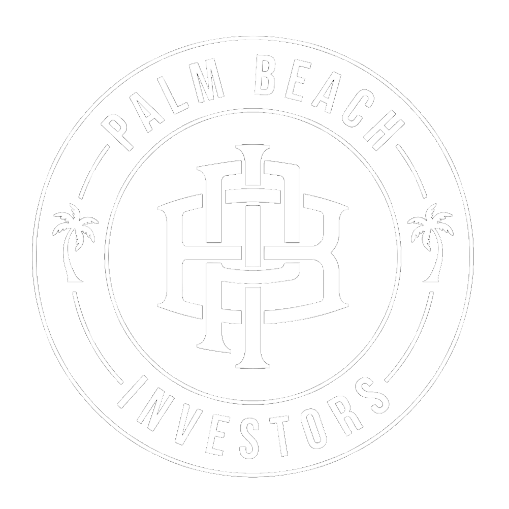 A black and white logo with the text 'Palm Beach Investors' around a central monogram with intertwined letters, flanked by two small palm trees.