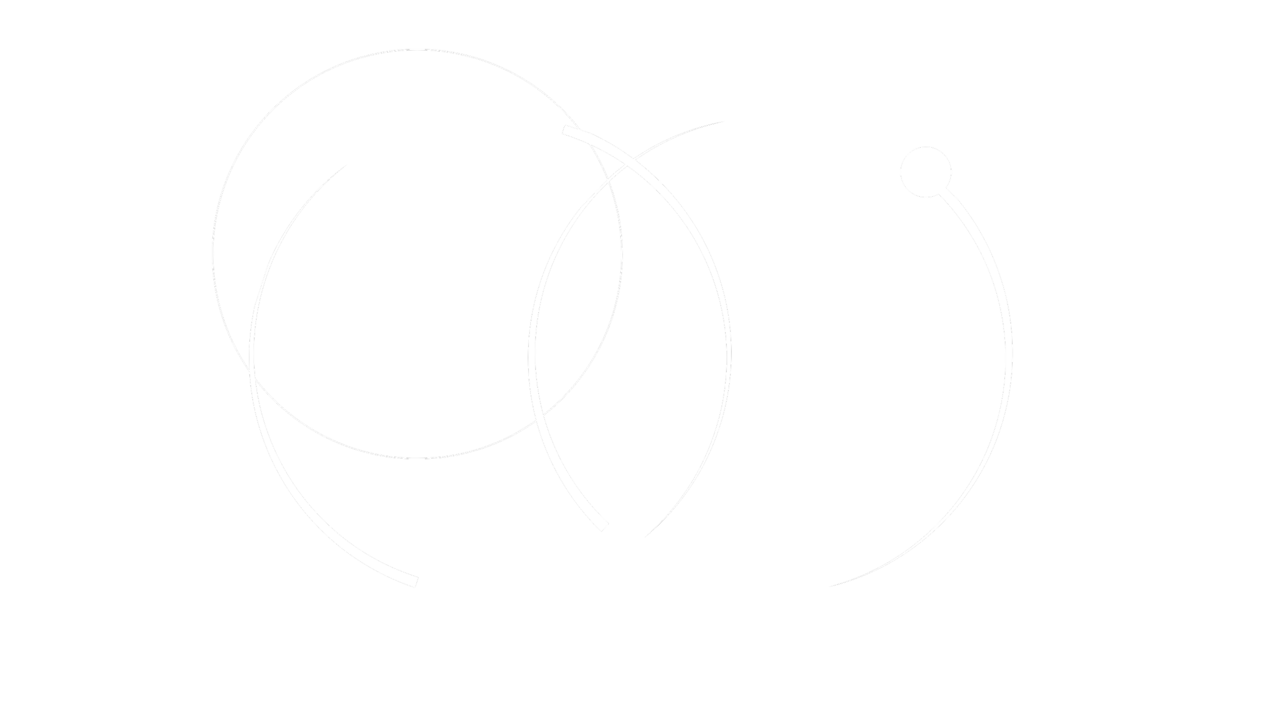 An abstract digital artwork with white circular and curved lines on a black background.