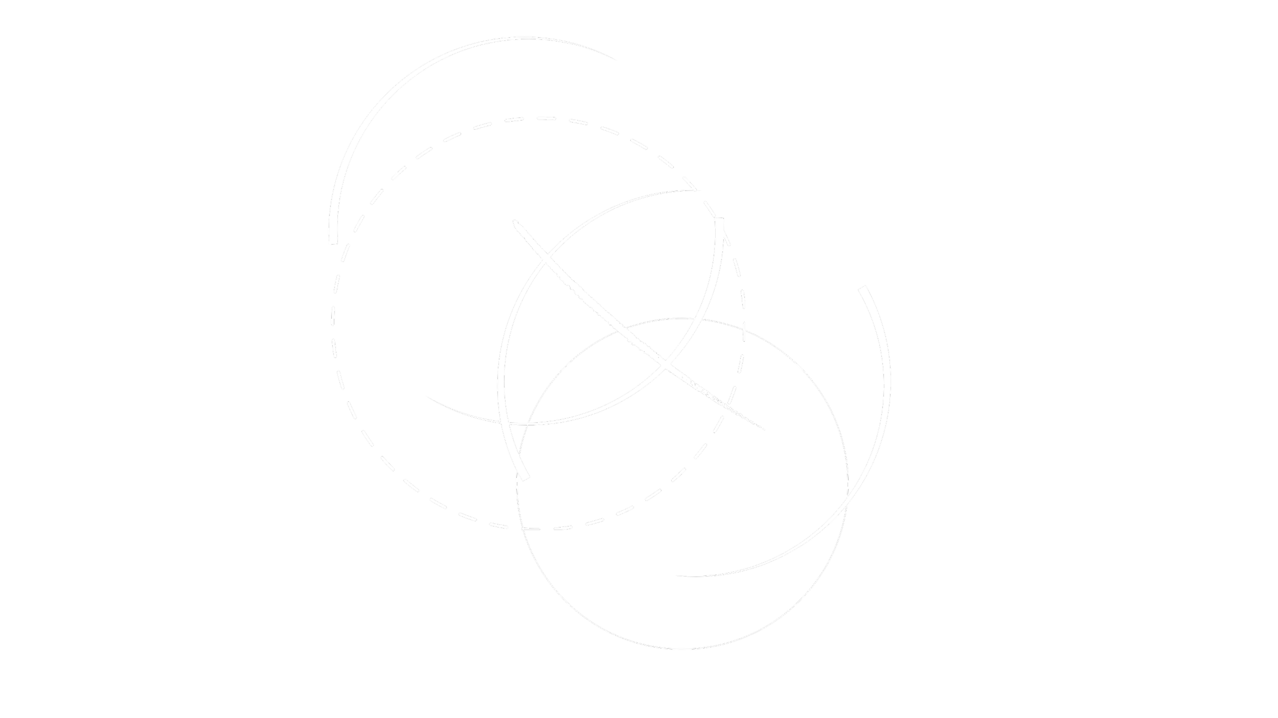 Abstract geometric design with white curved lines, circles, and dashed circles on a black background.