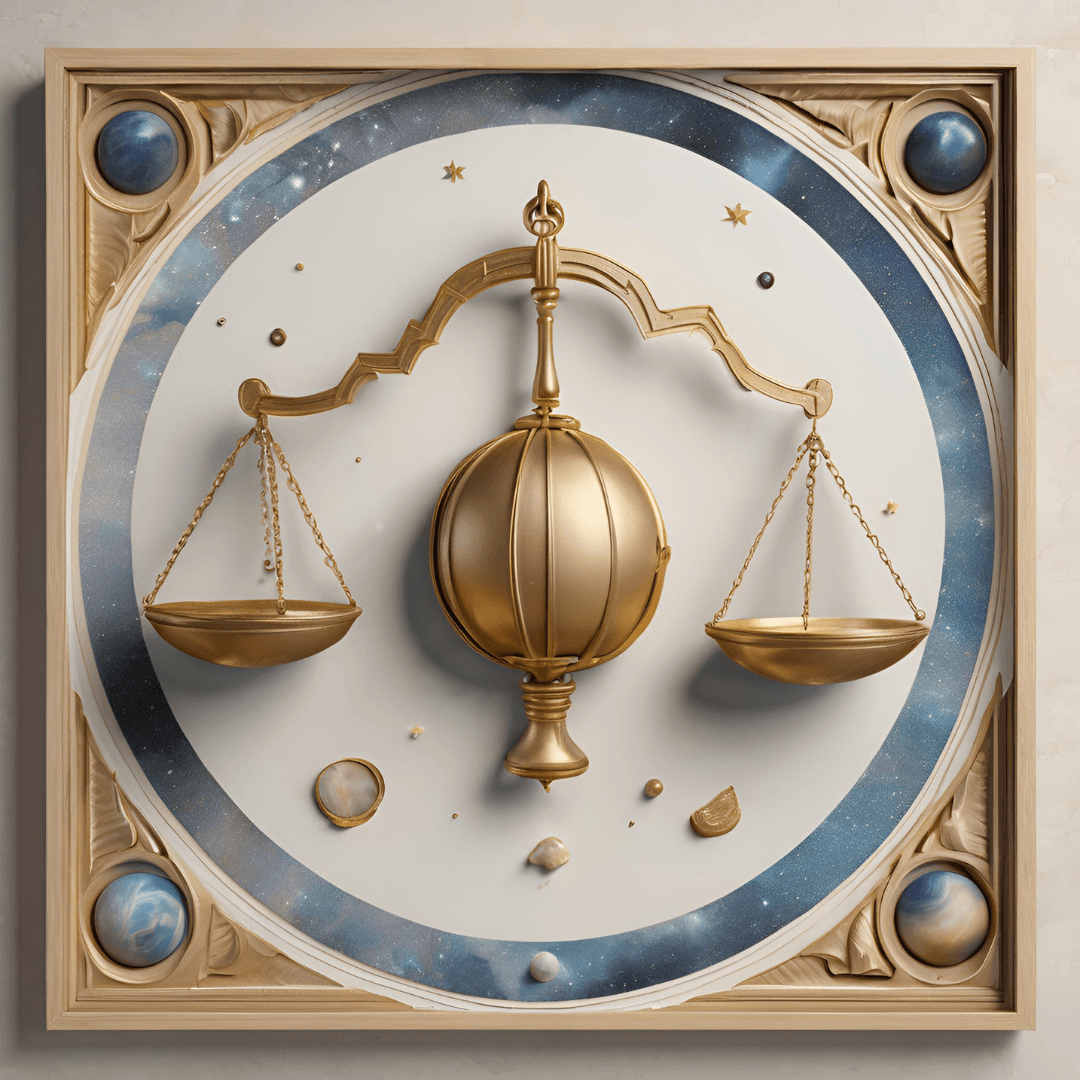 Artistic clock with golden balance scales, cosmic background, and decorative elements of planets and stars.