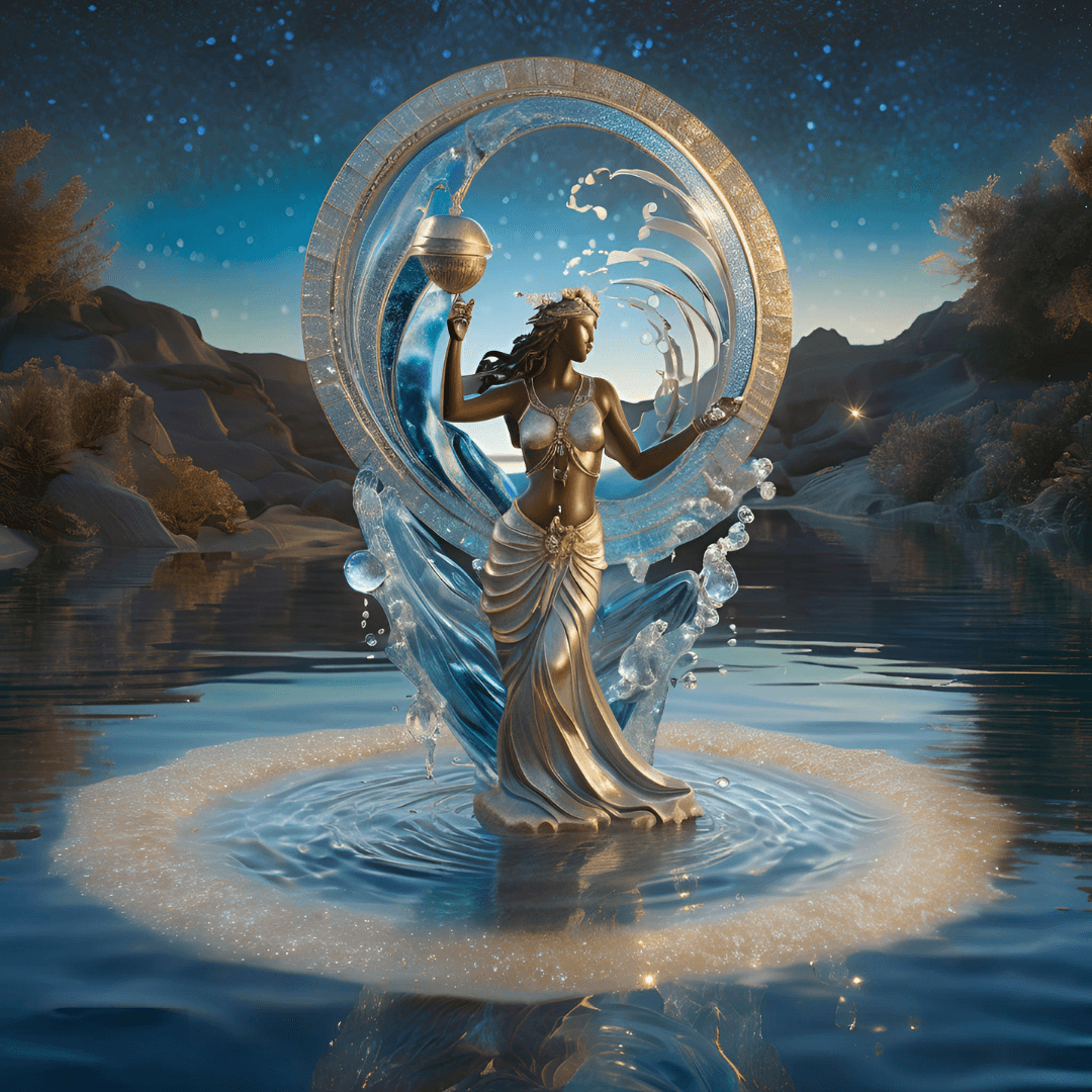 A statue of a woman holding a chalice surrounded by water splashes, set in a mystical landscape with mountains and trees under a starry sky.