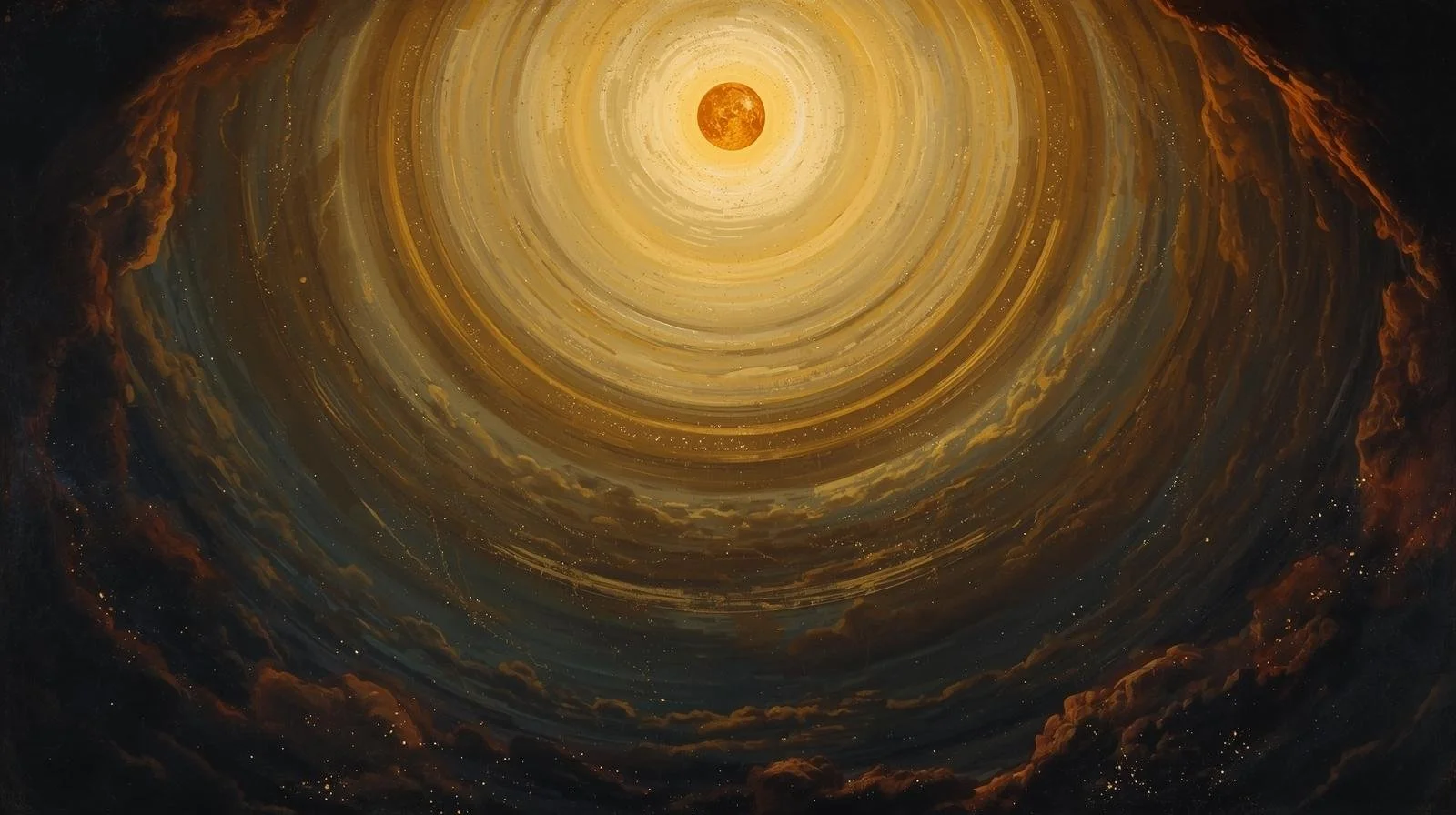 Artistic depiction of a celestial scene with a bright, full sun surrounded by concentric rings of glowing, swirling clouds and space dust.