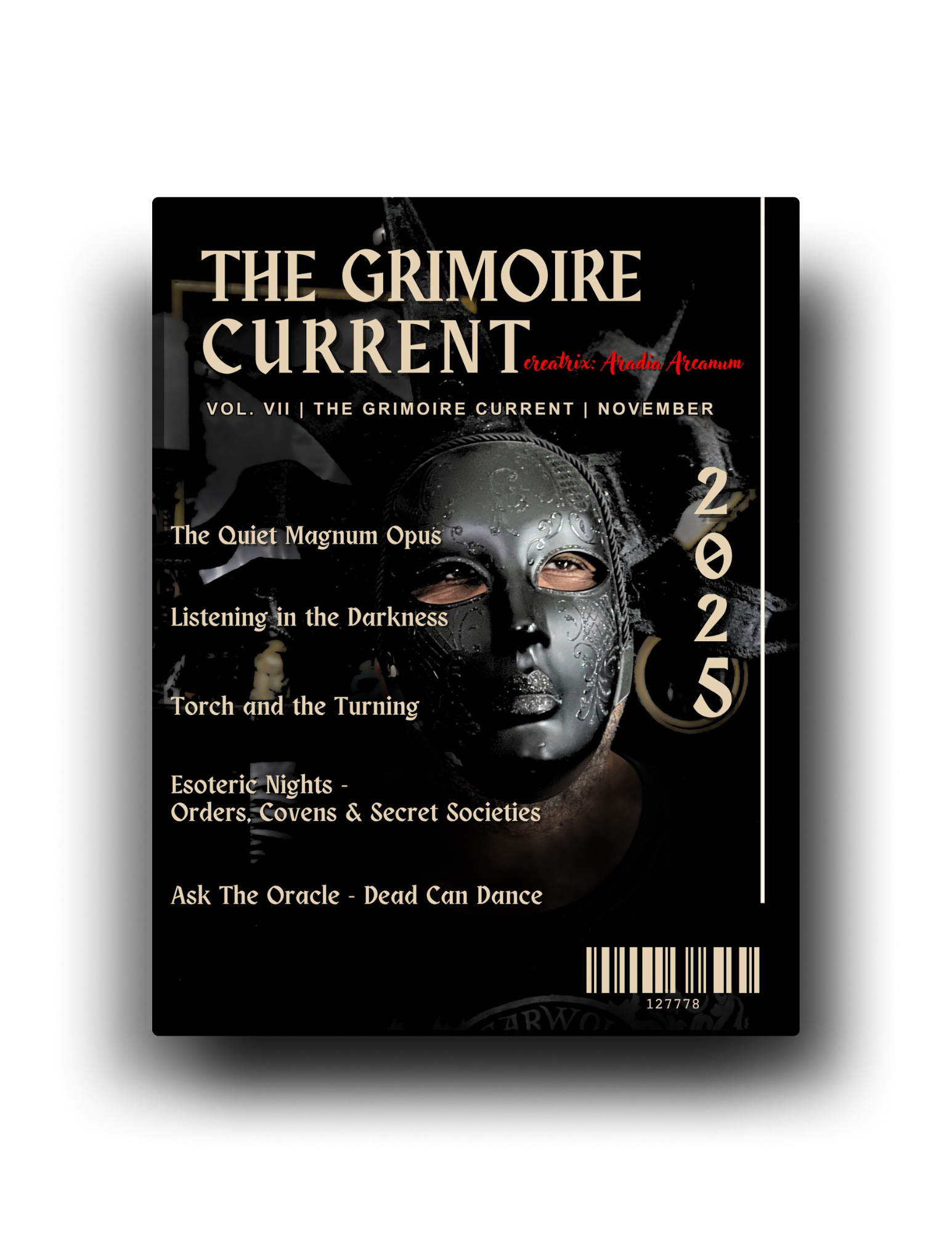 Magazine cover titled "The Grimoire Current" with a masked person and a barcode at the bottom right, November 2025, Volume VII, featuring articles on magic and secret societies.