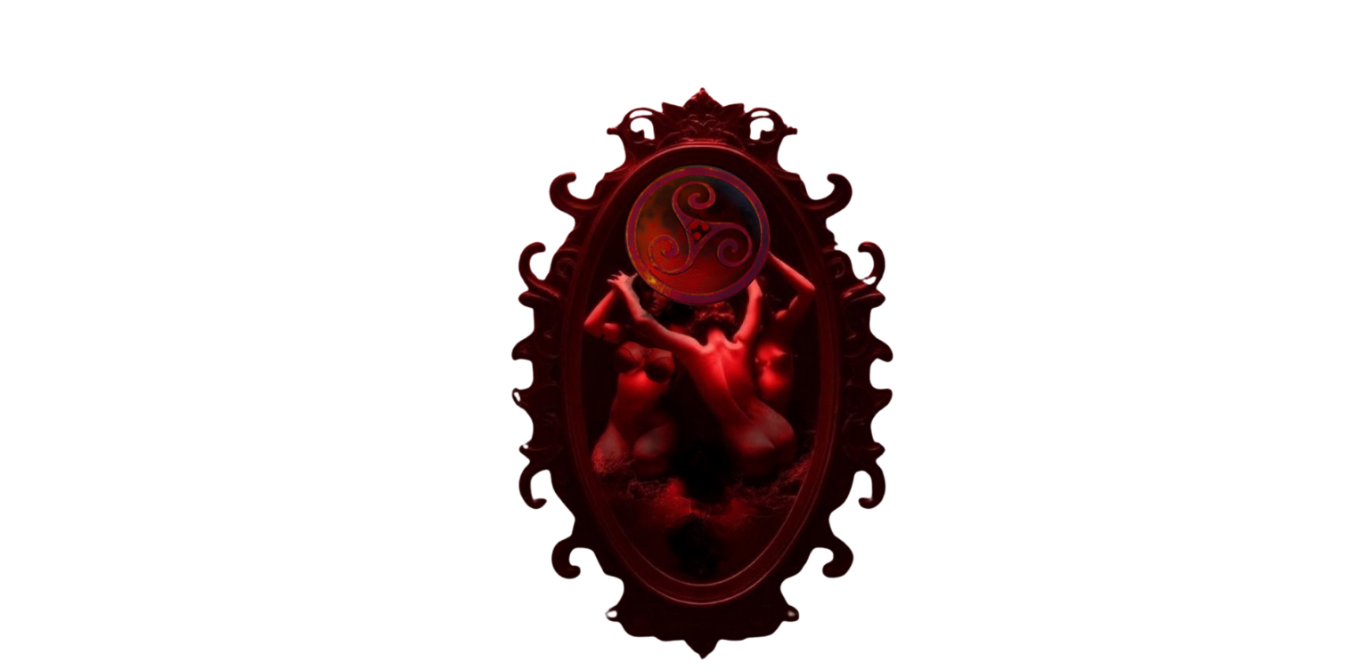 A mirror with an ornate, dark red frame reflecting a nude woman kneeling, holding a circular object with a swirl design, illuminated by a red light.