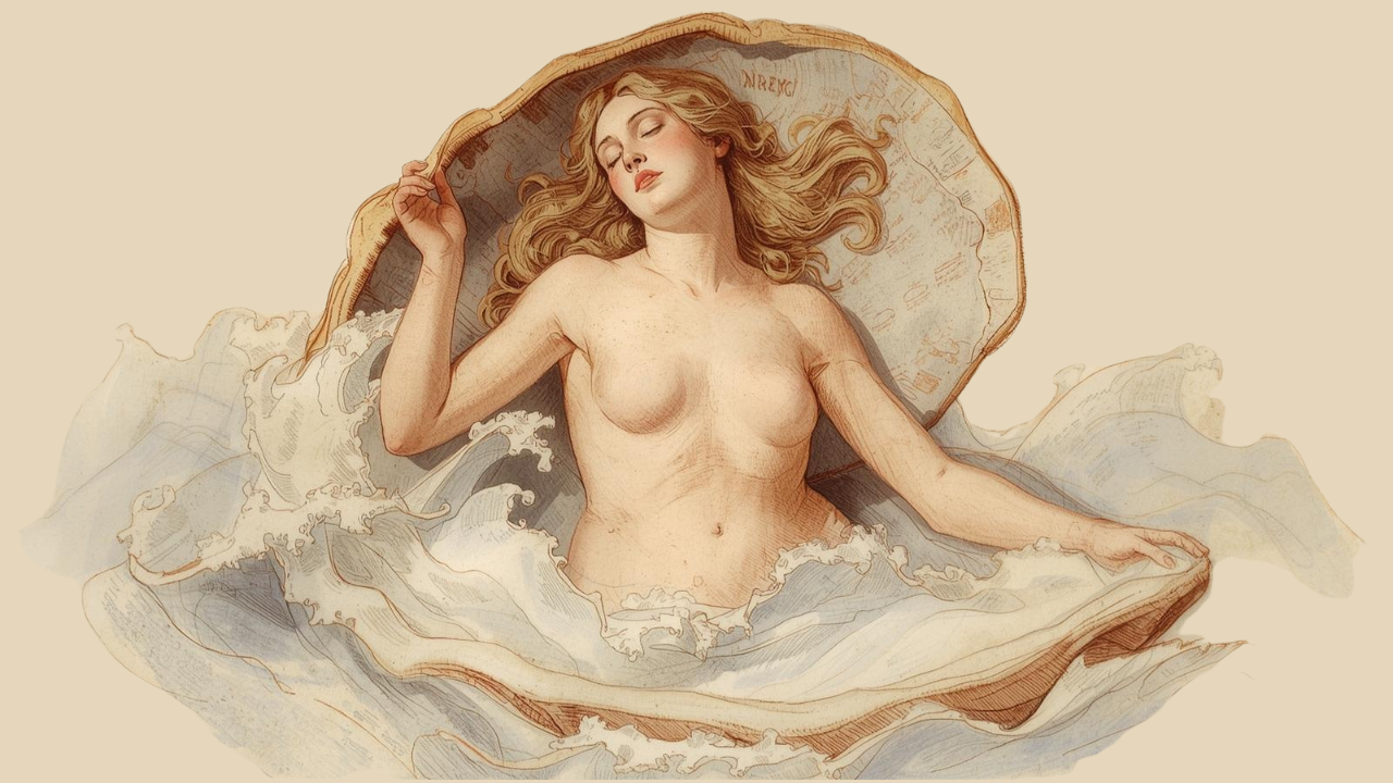 A woman with flowing hair is lying inside an open clam shell, with her eyes closed and a serene expression.
