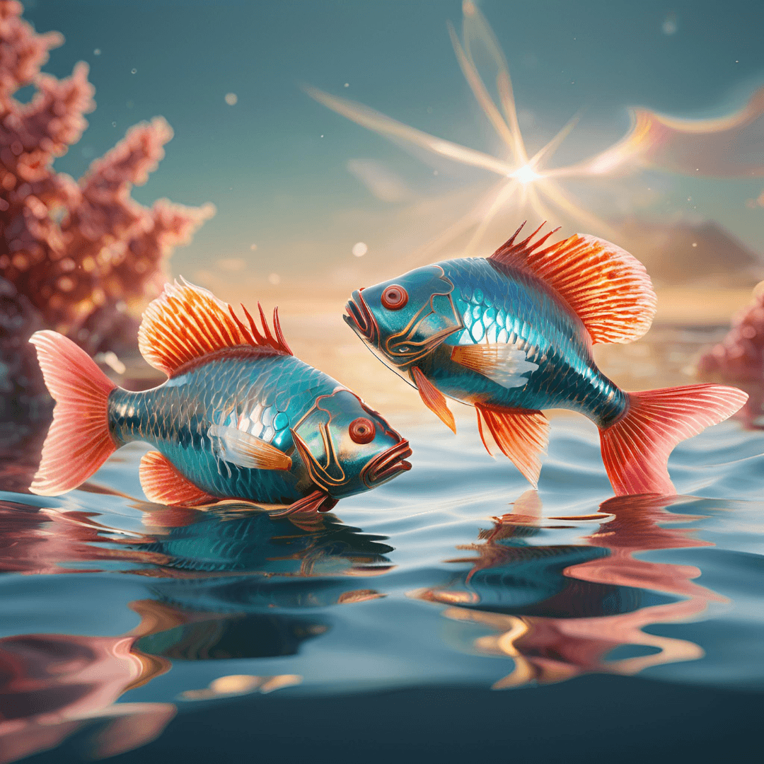 Two colorful fish with orange fins swimming near the water surface during sunset with pink coral and a star in the sky in the background.