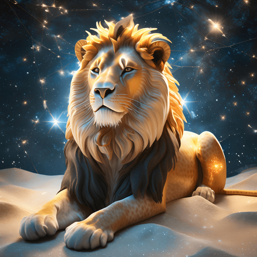 A digital illustration of a majestic lion with a shining golden mane, lying on a sandy surface under a starry night sky with constellations.