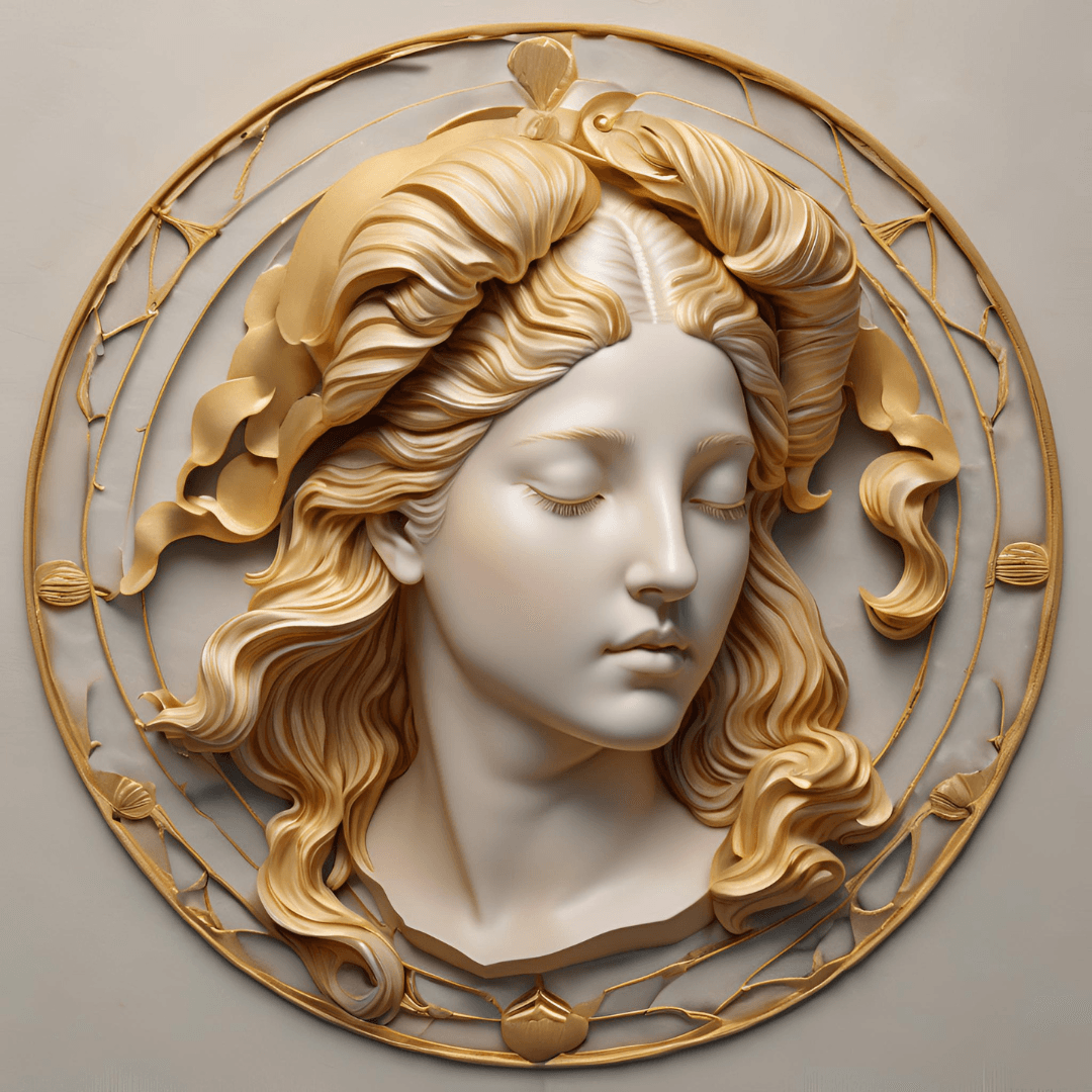 Gold and cream decorative wall art featuring a woman's face with flowing hair in a circular frame.