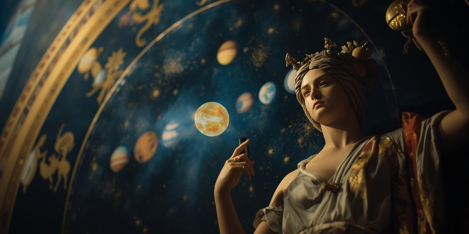 A classical statue of a woman with an elaborate hairdo, holding a small object in her hand, is set against a backdrop illustrating the solar system with planets and the sun.