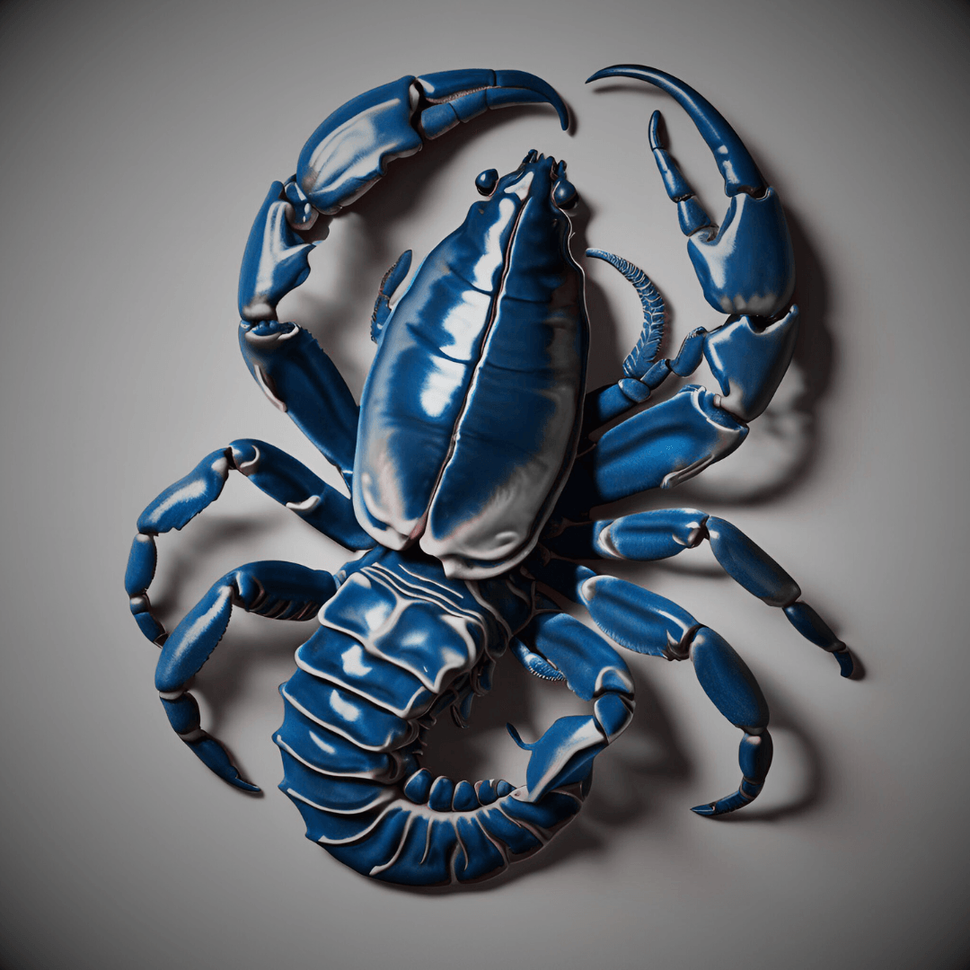A blue ceramic sculpture of a scorpion with detailed features, set against a plain background.