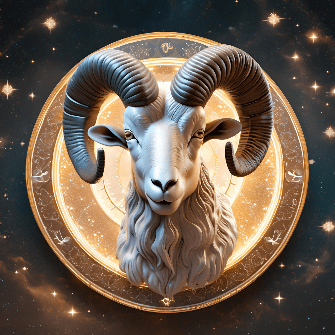 A white ram with large, curled horns in front of a glowing, ornate zodiac wheel with the Aries symbol. The background is a starry space scene.