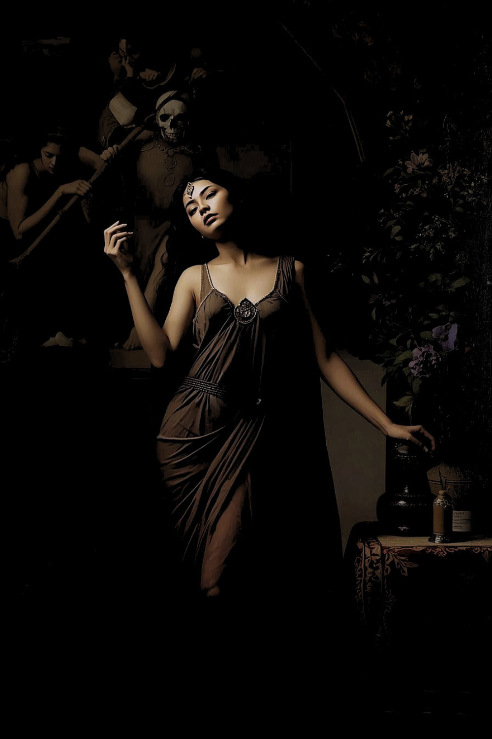 A woman with dark hair and makeup in a black dress posing in a dark room. In the background, there is a skeleton decoration with a skull face, a person with a cap, a woman holding a stick, and some plants and objects on a table.