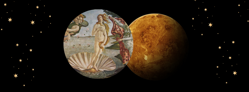 A digital illustration of the planets Venus and Mercury with classical art representing Venus, set against a starry space background.