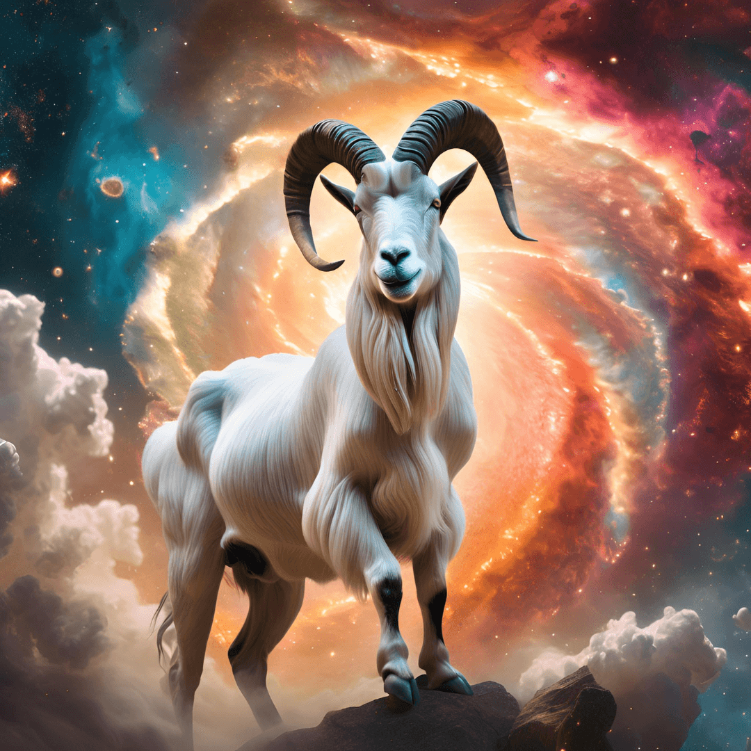 A digital illustration of a mountain goat with large, curved horns standing on a rocky surface in front of a cosmic nebula with vibrant colors, stars, and swirling clouds.