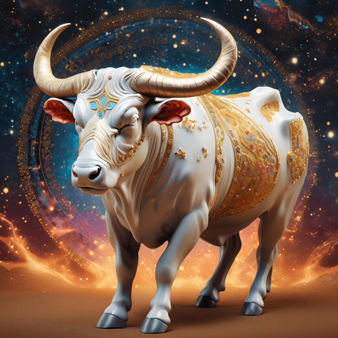 A stylized, ornate white bull with gold decorations, set against a cosmic background with swirling galaxies, glowing stars, and fiery orange accents.