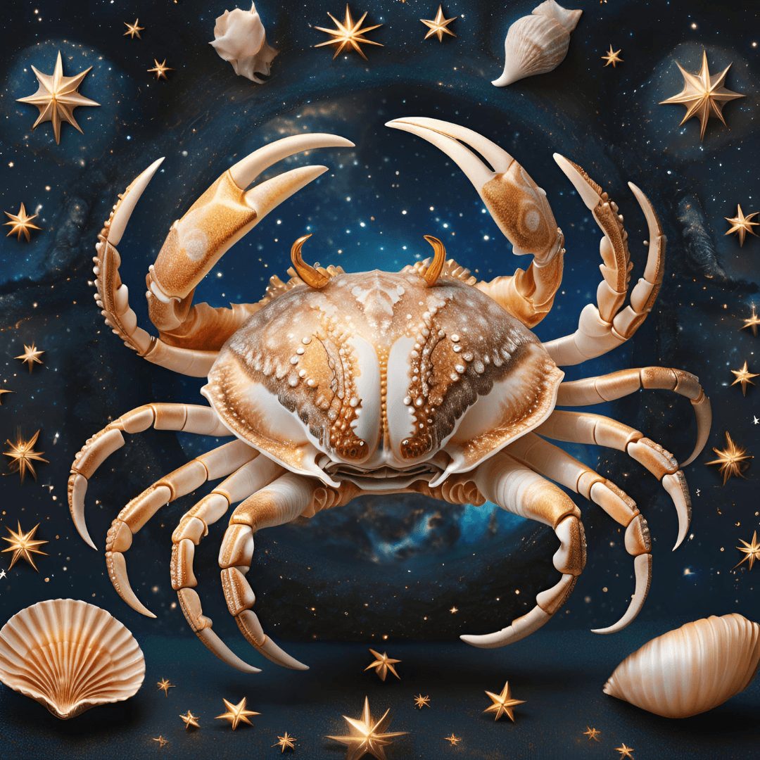 A detailed, digitally rendered crab with a cosmic background and glowing stars and seashells surrounding it.