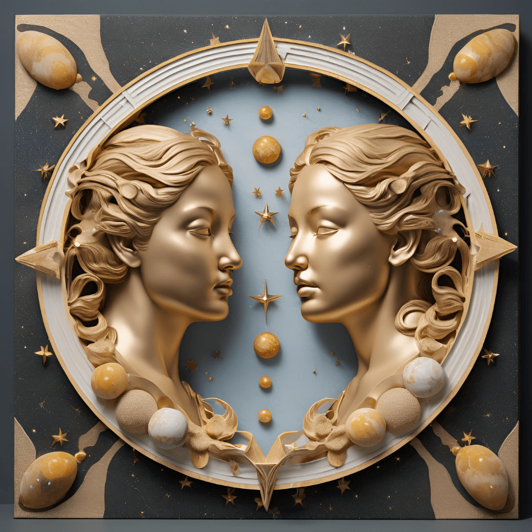 A detailed decorative art piece featuring two golden female profiles facing each other, surrounded by celestial elements like stars and planets, with a cosmic theme background.