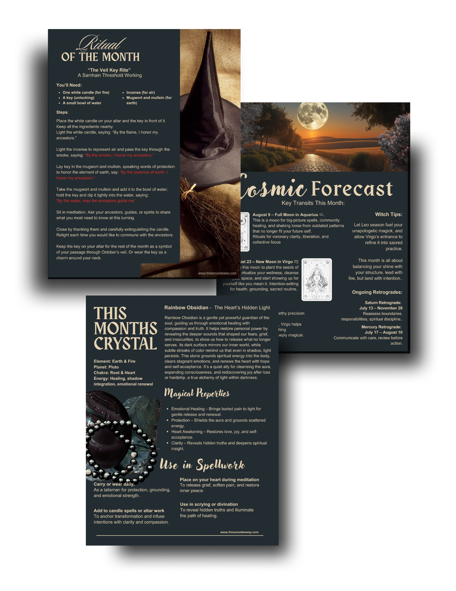 A multi-page infographic about spiritual rituals, monthly crystal guidance, and lunar astrology, featuring a ritual of the month, a full moon in Aquarius, a new moon in Virgo, and information about rainbow obsidian.