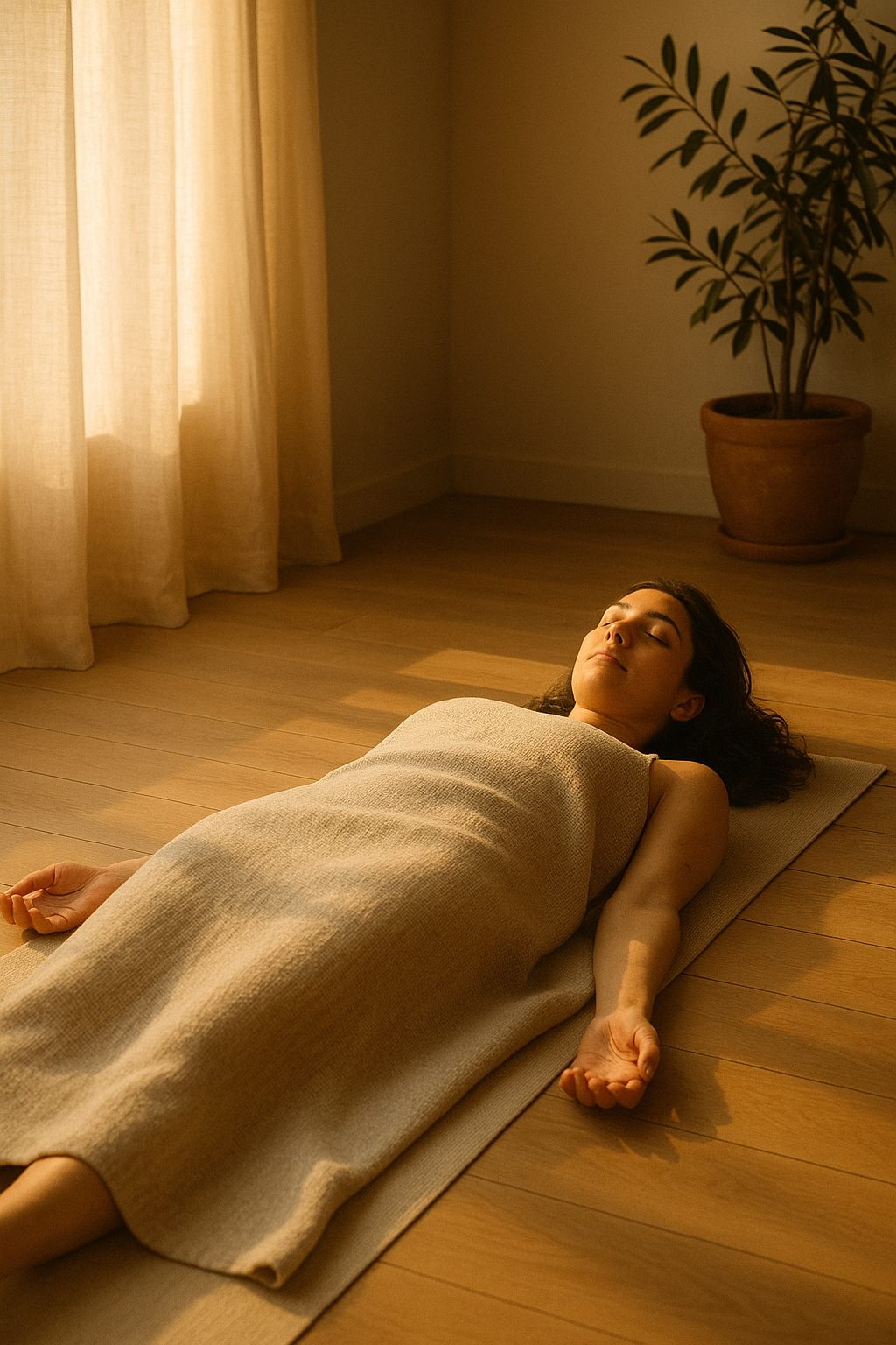 woman in savasana meditating with yoga nidra in serene room with blanket
