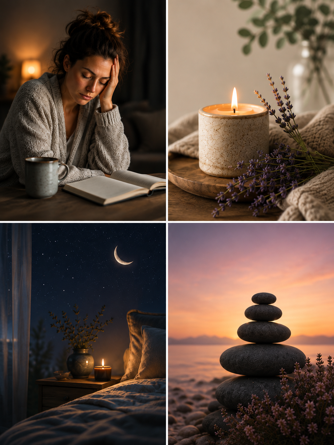 woman who is tired next to a mug of tea, warm candle and lavendar, moon in the evening, balanced stones at sunset by water
