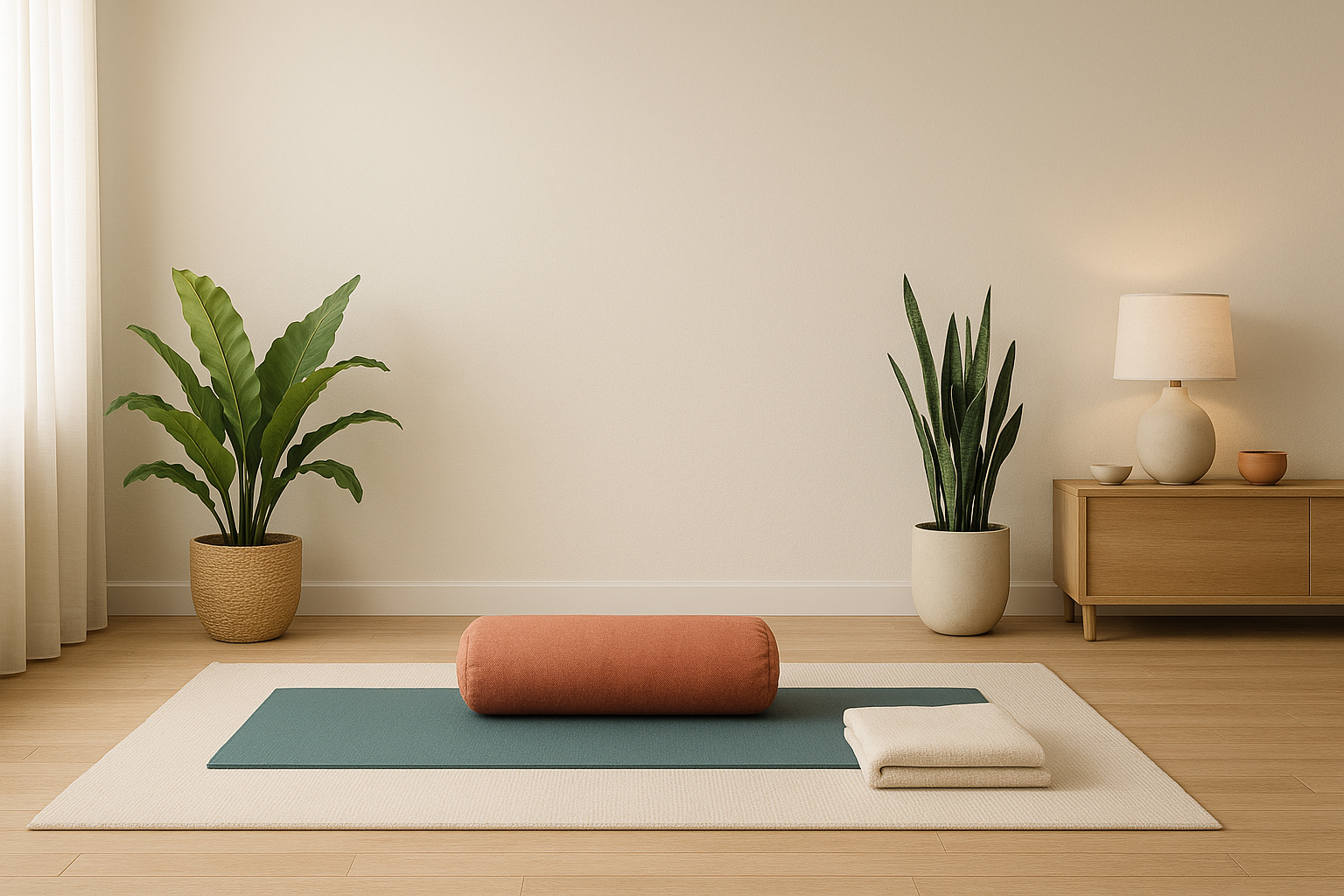 modern yoga studio for mediation with plants and yoga mat