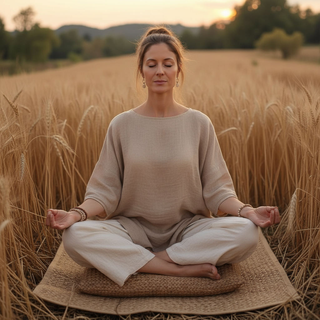 Woman meditating in a wheat field at sunset, sitting cross-legged on a mat with closed eyes