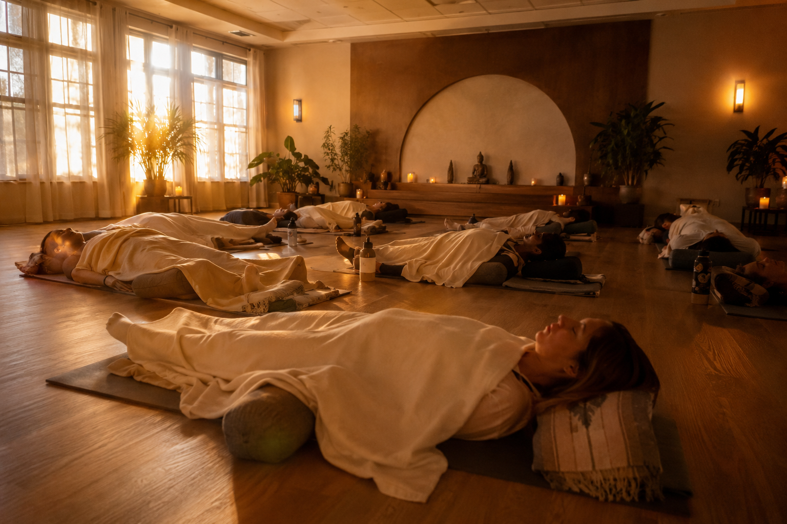yoga nidra deep rest meditation class in studio serene lighting candles blankets and savasana pose