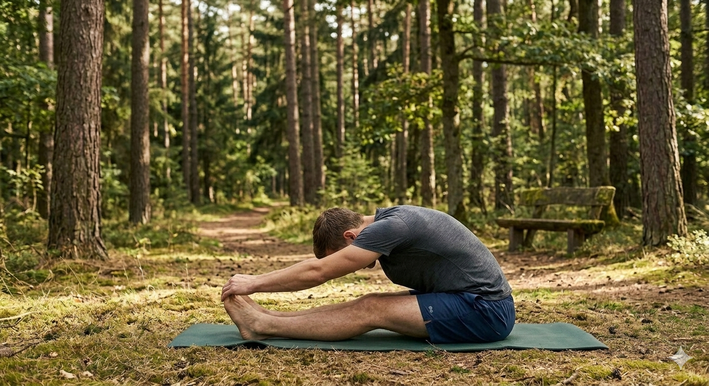man stretching forward fold on yoga mat during the day in the woods