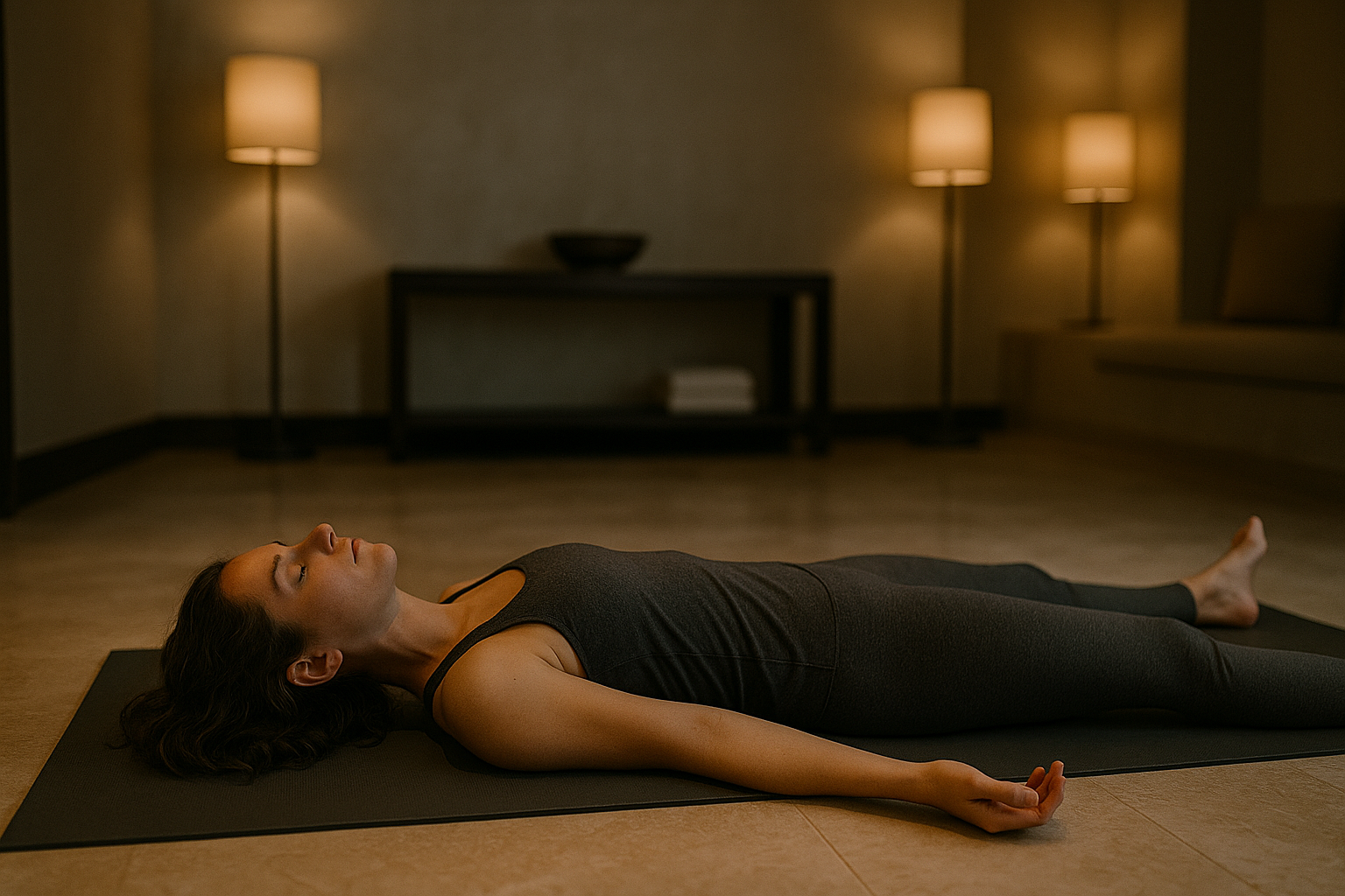 A woman practicing yoga or meditation, lying on her back on a yoga mat in a peaceful, softly lit room.
