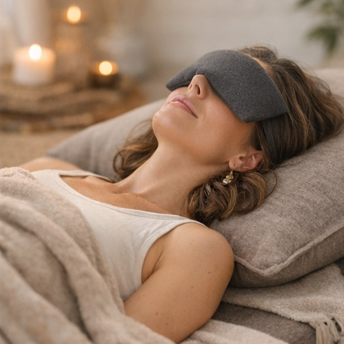 woman lying down with eye mask and blanket and candles