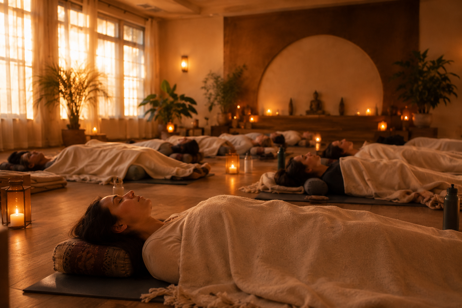 serene candle lit yoga nidra class session dimly lit adults resting under blankets