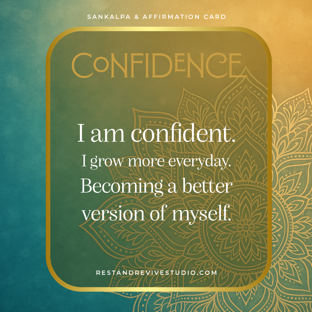 Confidence Sankalpa Hearts Intention and Affirmation Card Statement Quote With Ornate Yellow and Turquoise Background