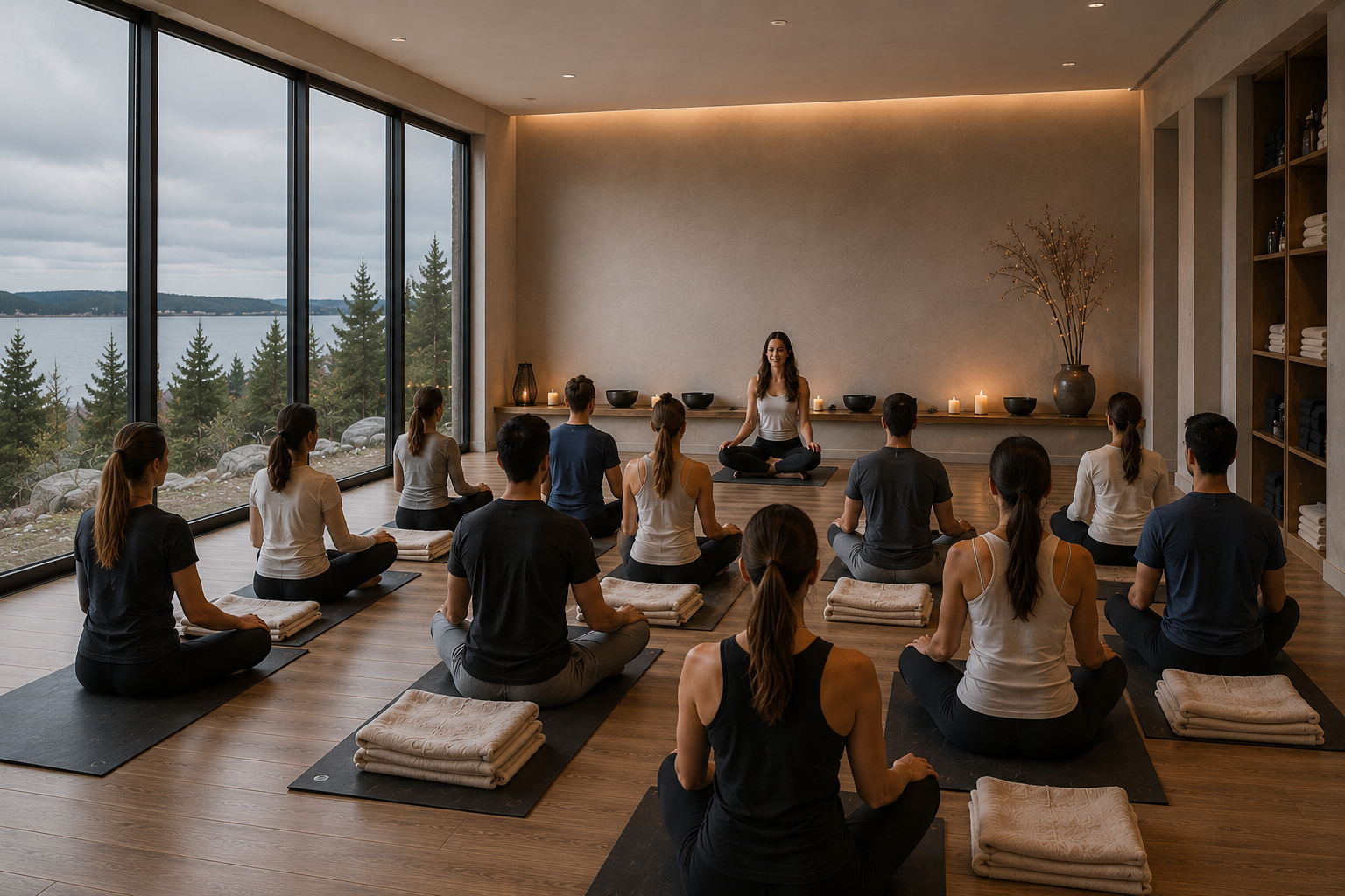corporate yoga nidra mountain wellness session group adult class with candles in studio