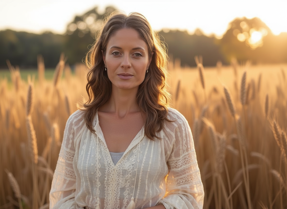 Woman Molly Beard Yoga Nidra Meditation Guide Graphic Designer Next To Field Golden Hour Photo