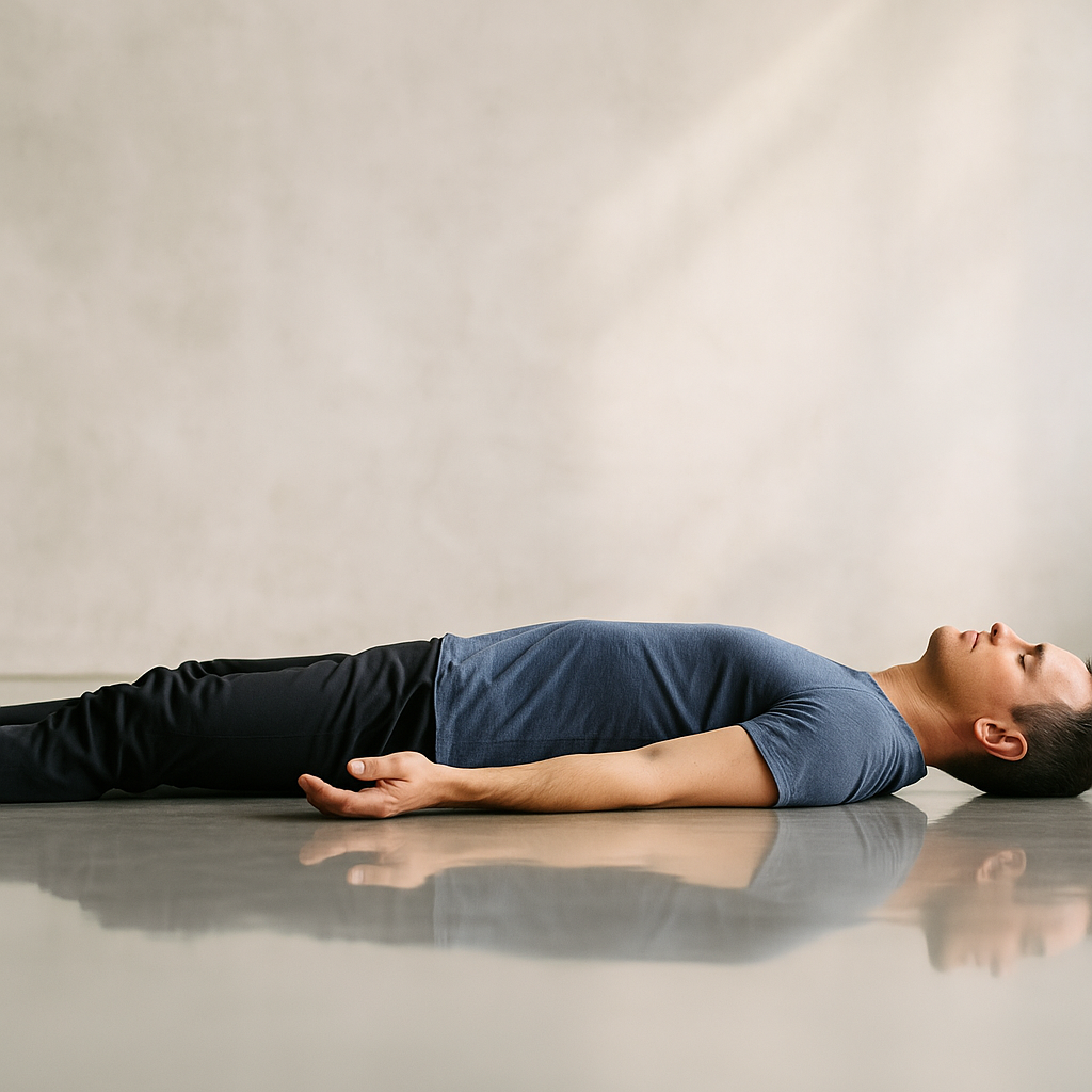Man Meditating On Back Asleep On Reflective Surface Completing Yoga Nidra Deep Rest