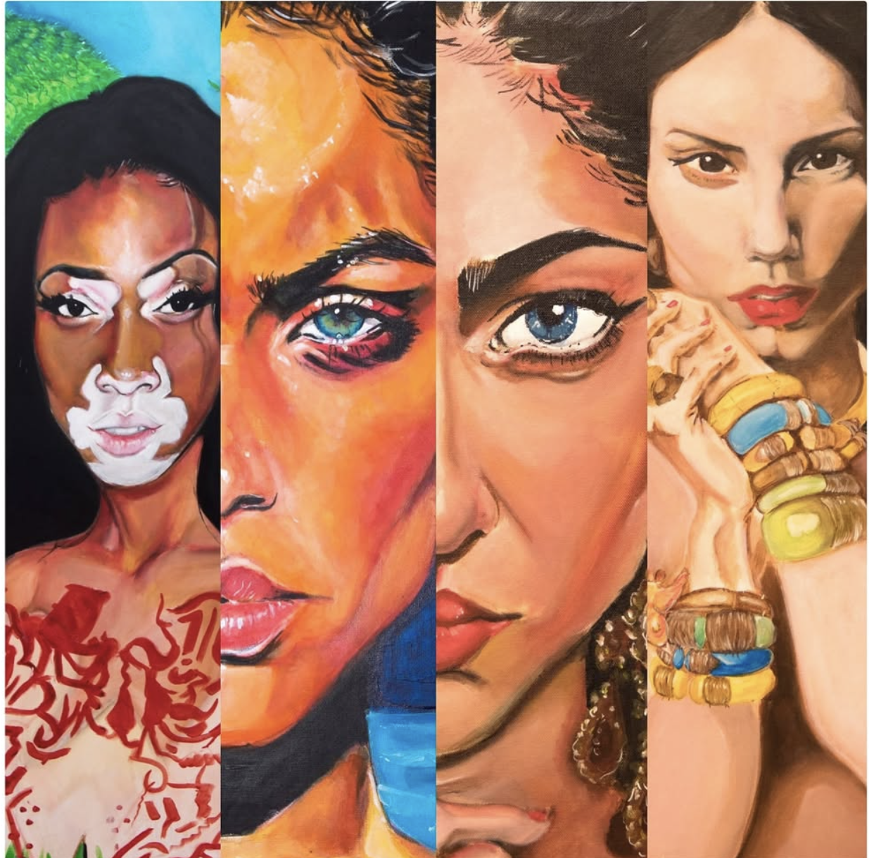 Collage of four vibrant portraits of women, each with distinct makeup, jewelry, and expressions, painted in different artistic styles.